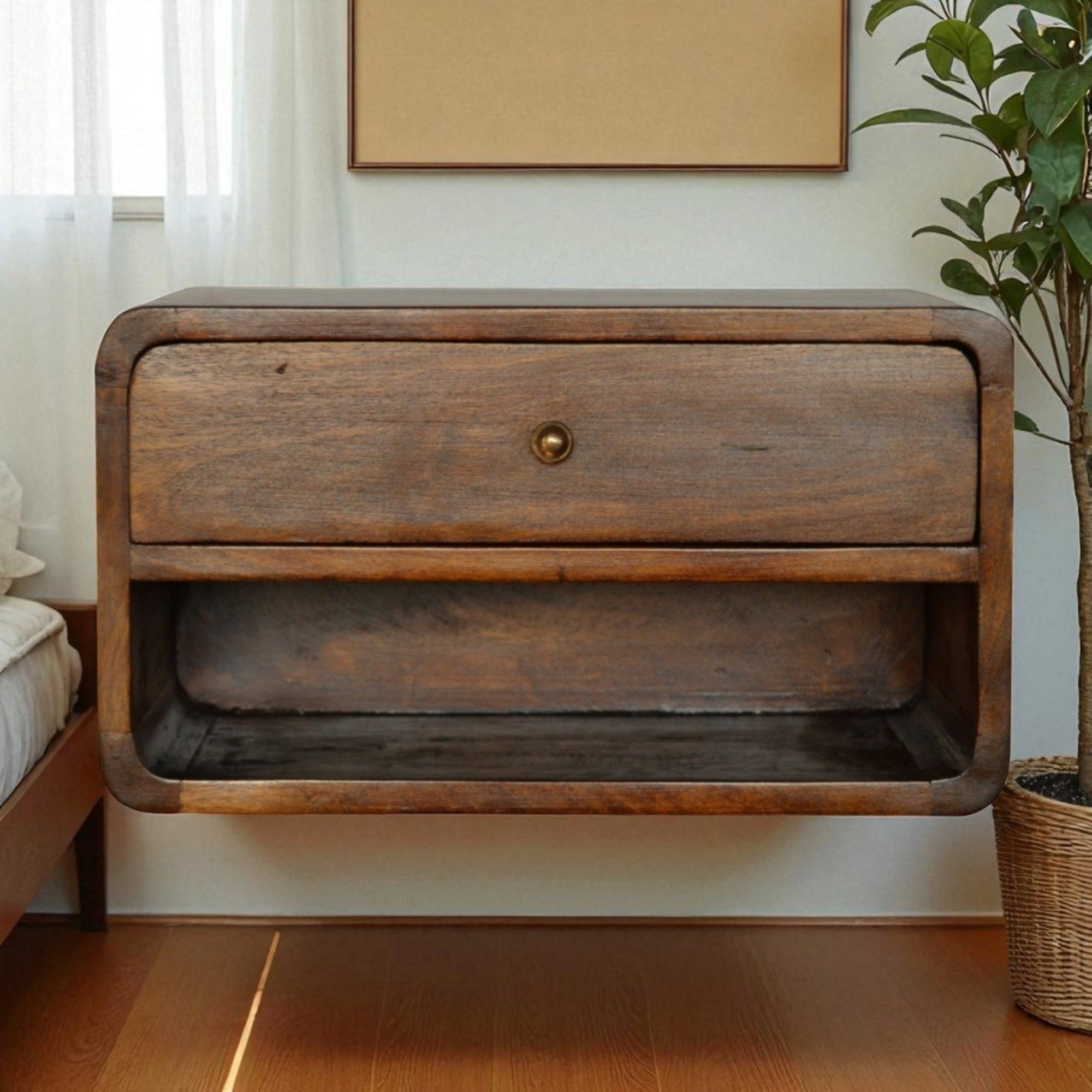 Floating Bedside, 1 Drawer Open Shelf, Dark Brown Solid Wood