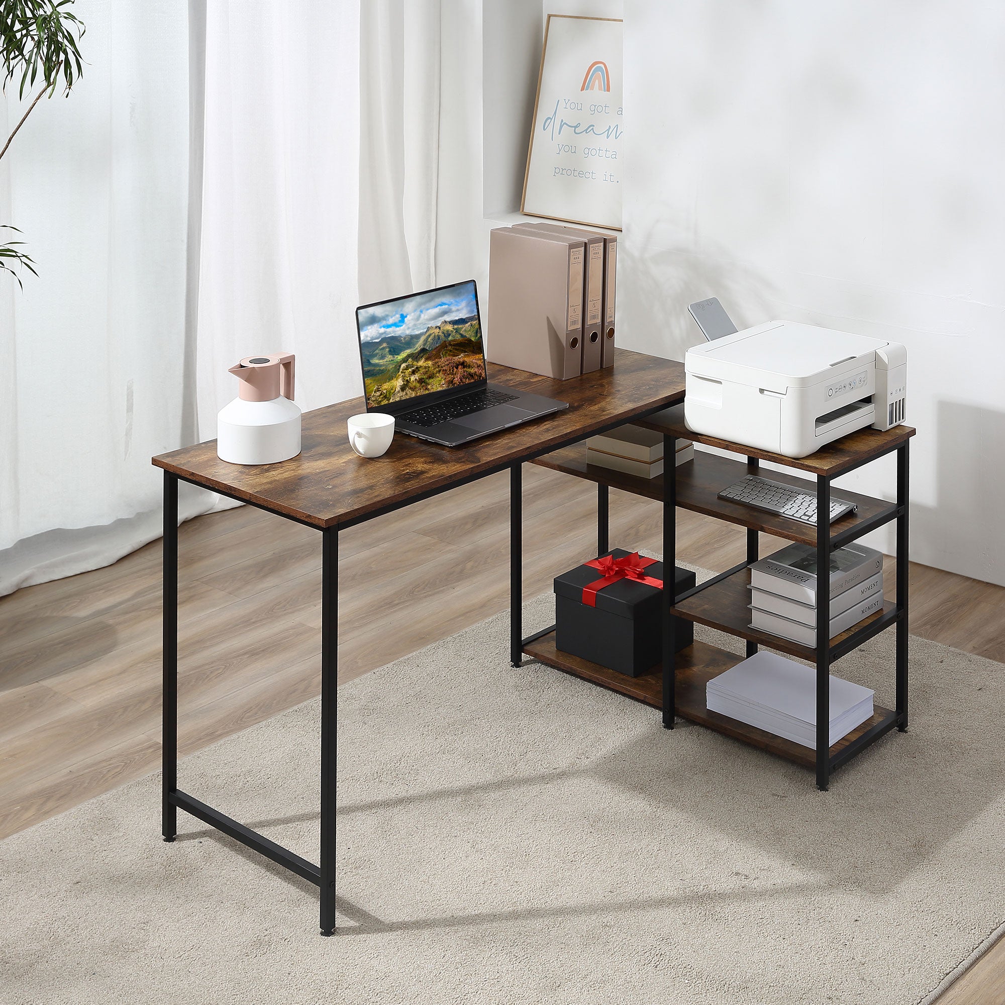 Corner Desk with Shelf and Drawer, L-Shaped, Rustic Brown Chipboard Metal