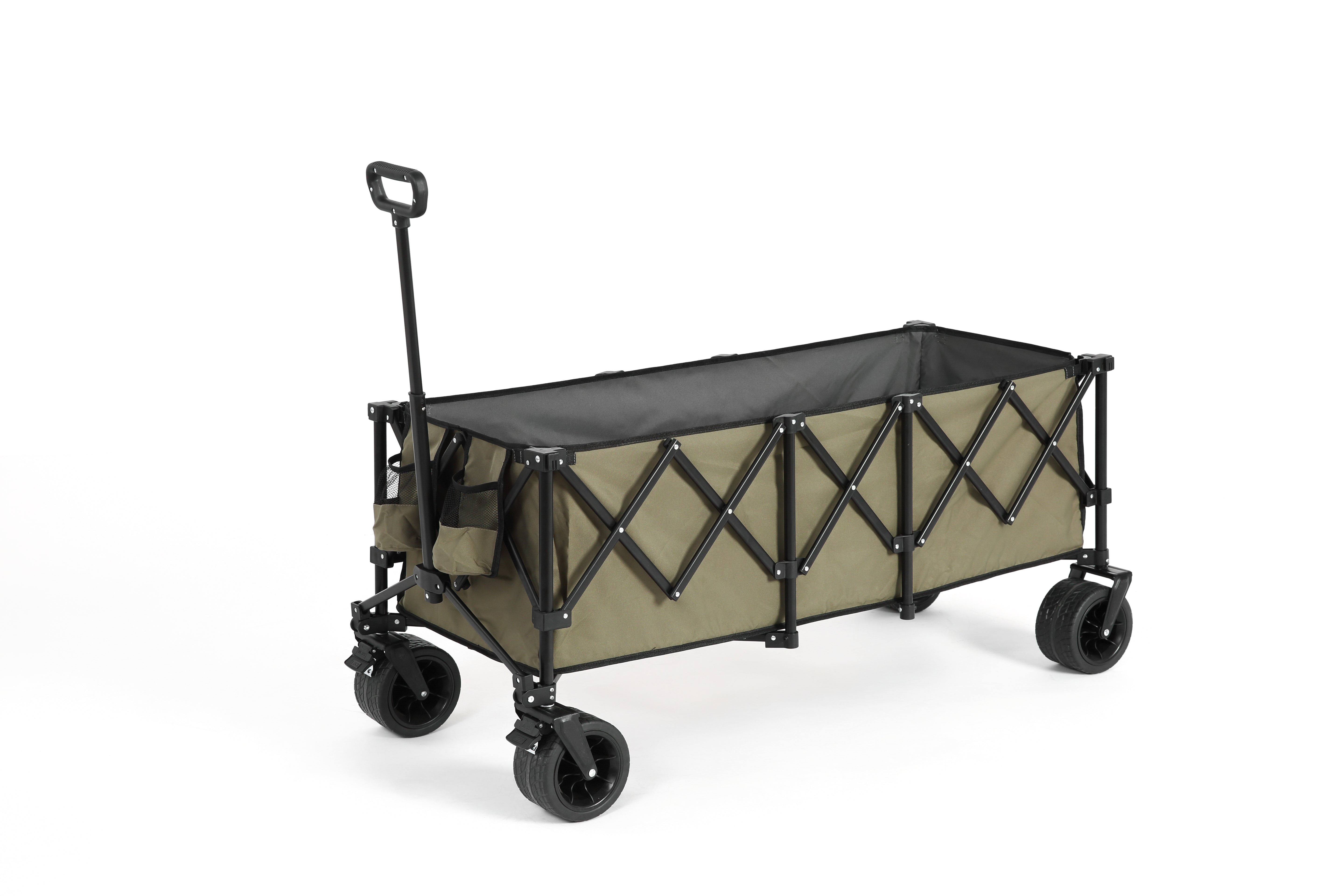 Foldable Extended Wagon, 220lbs Capacity 300L Garden Cart Beach Wheels Drink Holders, Army Green