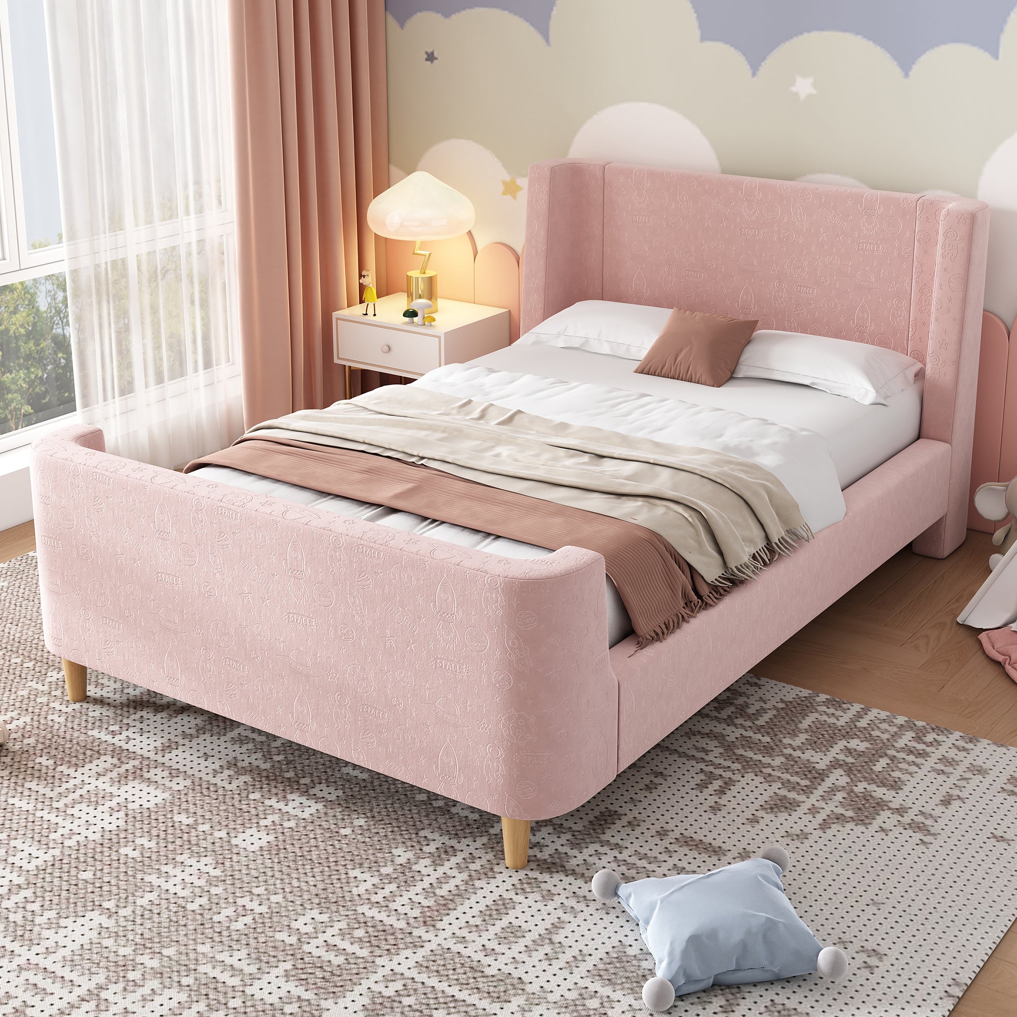 Children's Bed Upholstered Sleigh Bed, Cosmic Pattern, 90x200cm, Pink Velvet