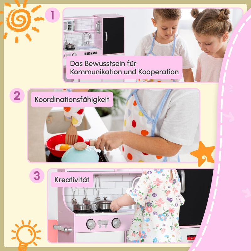 AIYAPLAY Play Kitchen Set with Pots, Blackboard, Telephone, Ice Cream Maker, Stove, Pink