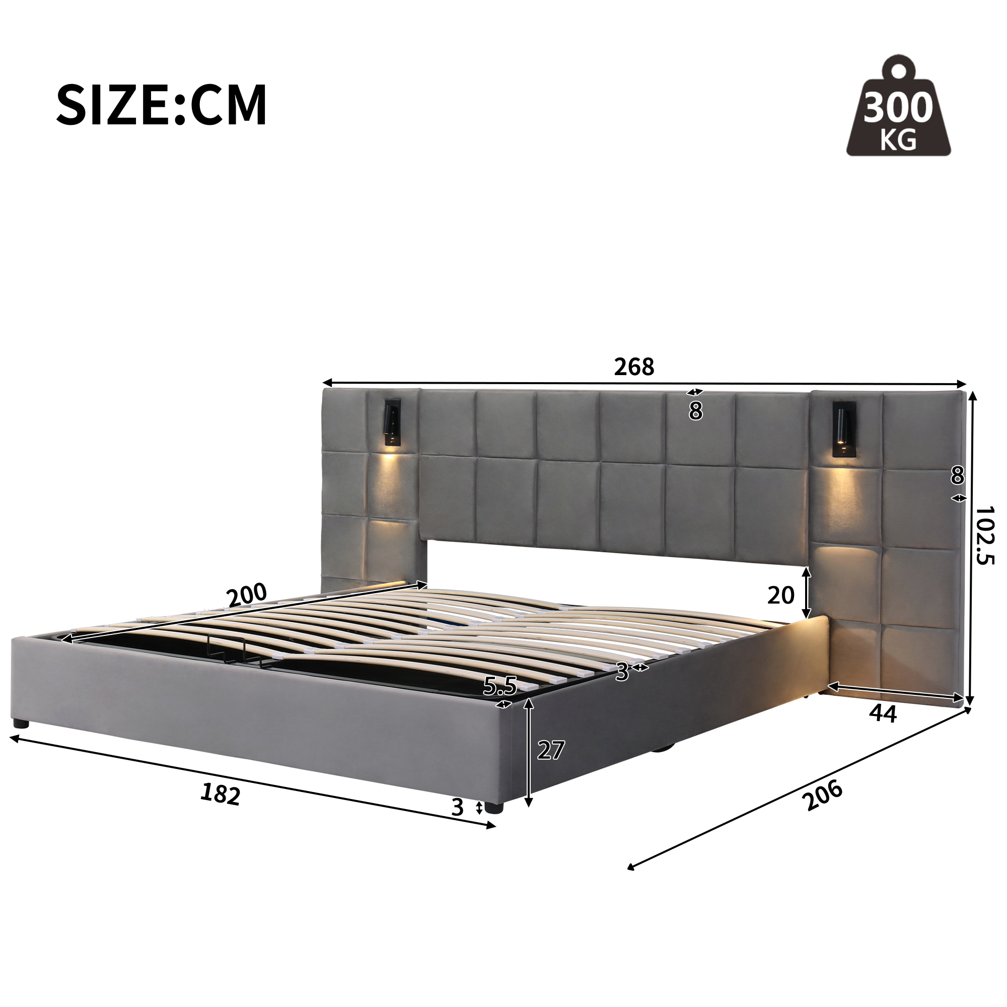 Upholstered Bed Super King Size 6ft Hydraulic Storage with Lamp and USB Charging Velvet Grey