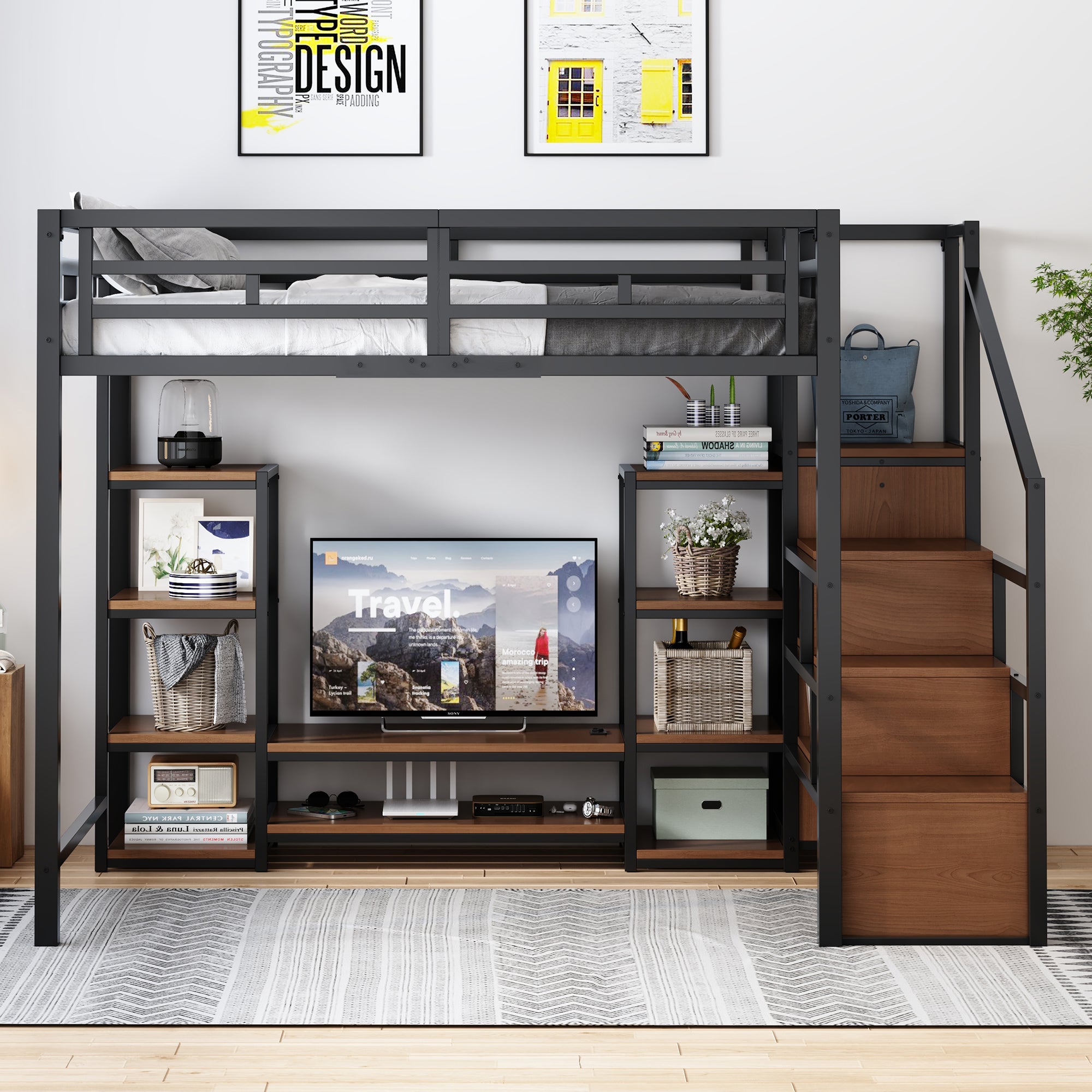 Loft Bed 140x200 TV Stand Power Outlet Safety Ladder, Metal/Wood Black