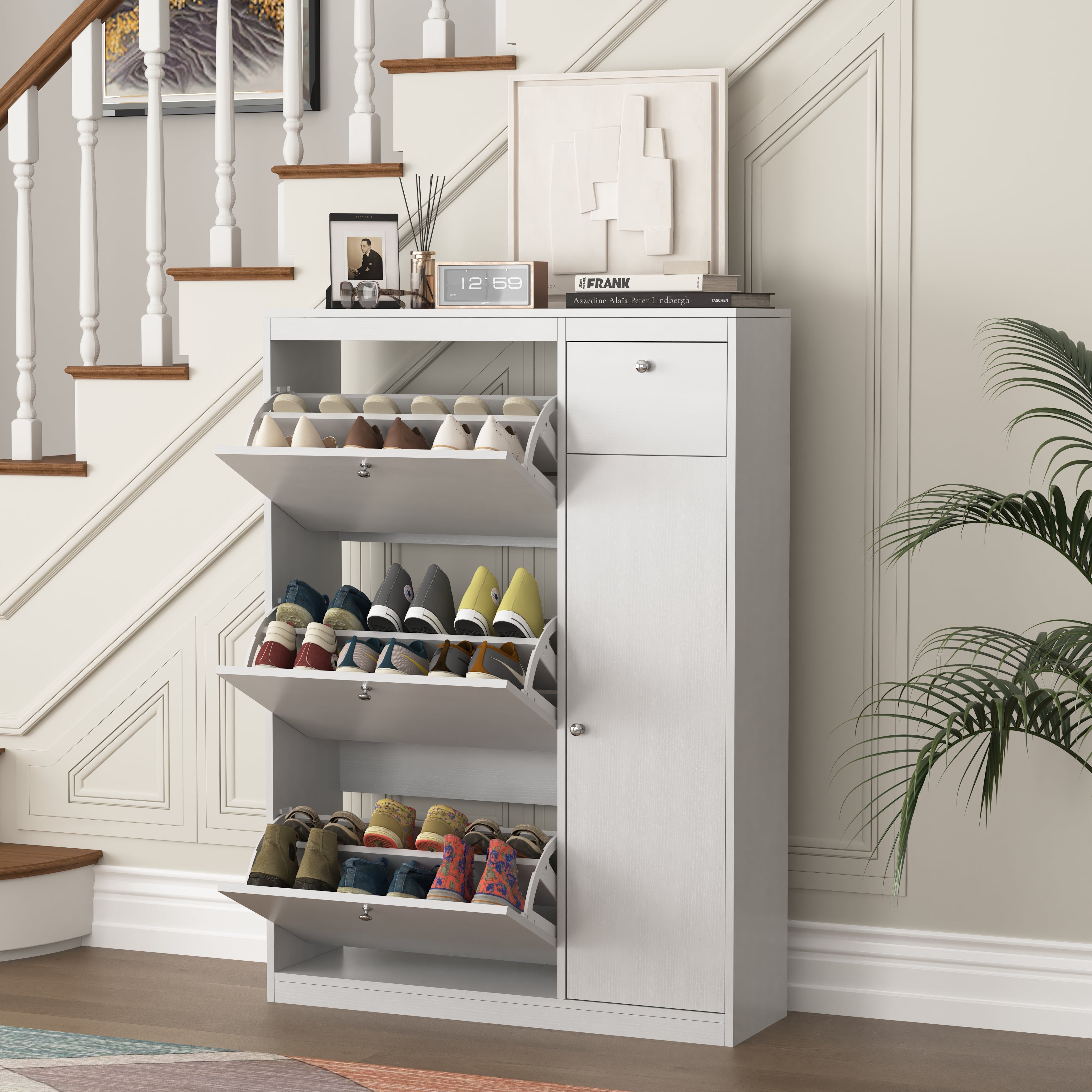 Shoe Cabinet with Tilting Function and 3 Fold-Down Drawers, Particleboard