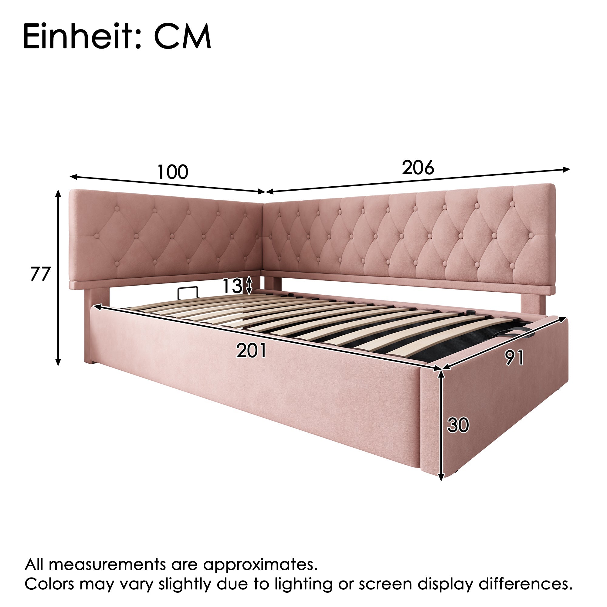 Upholstered Bed Day Bed 90x200cm Sofa Bed with Hydraulic Storage Space, Velvet, Pink