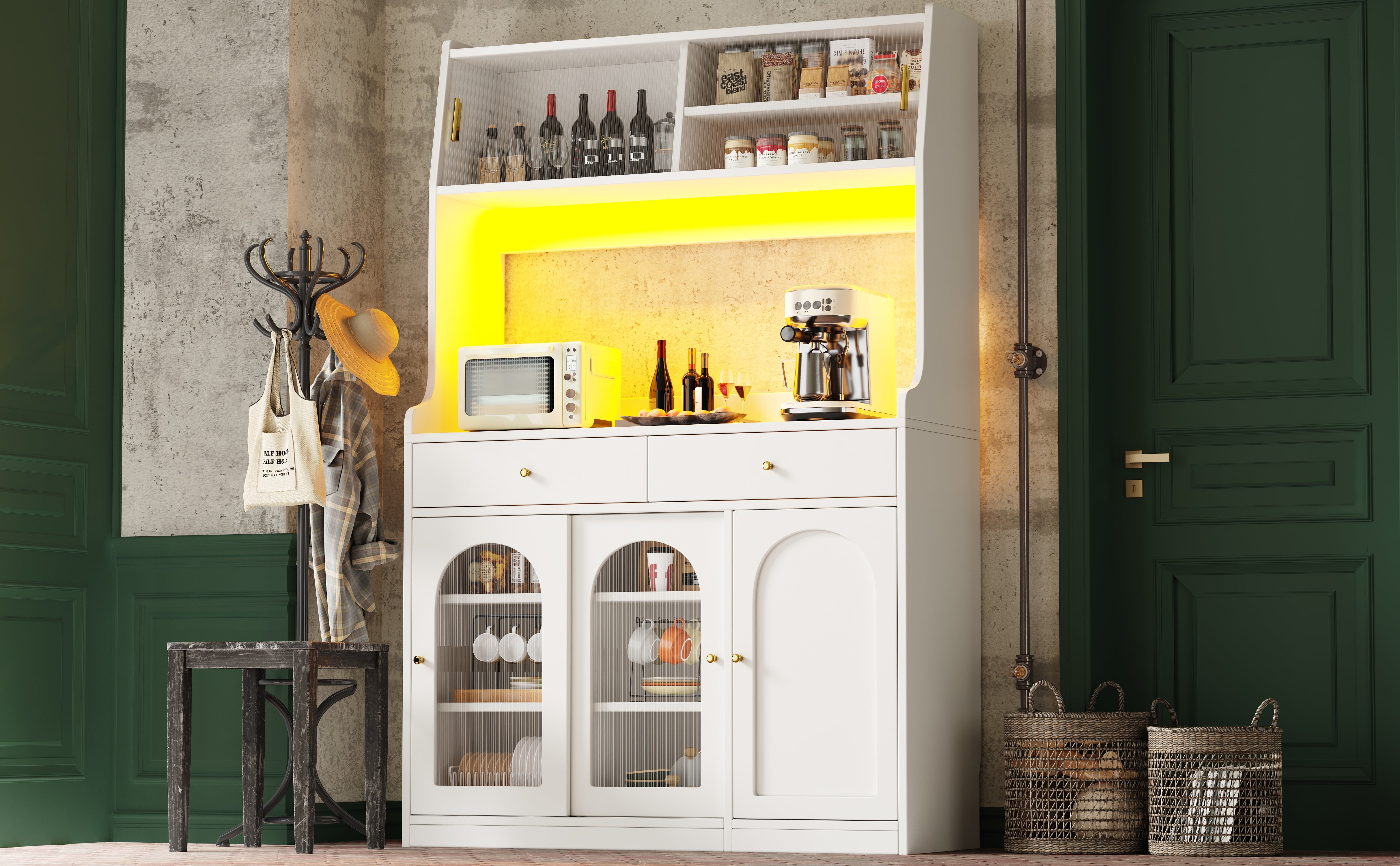 Tall Kitchen Cabinet Buffet Sideboard, Display Storage Adjustable Shelves 2 Drawers LED Lighting - White