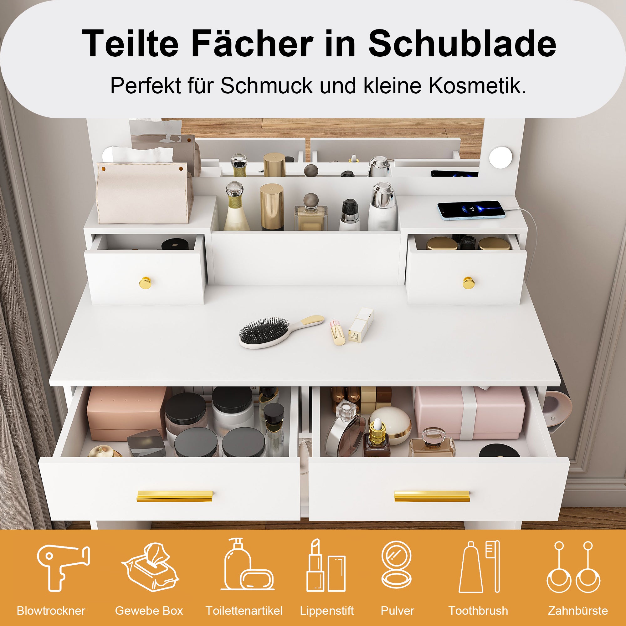 Bedroom Dressing Table, XXL Mirror, Stool, Socket, 4 Drawers, LED Light - White