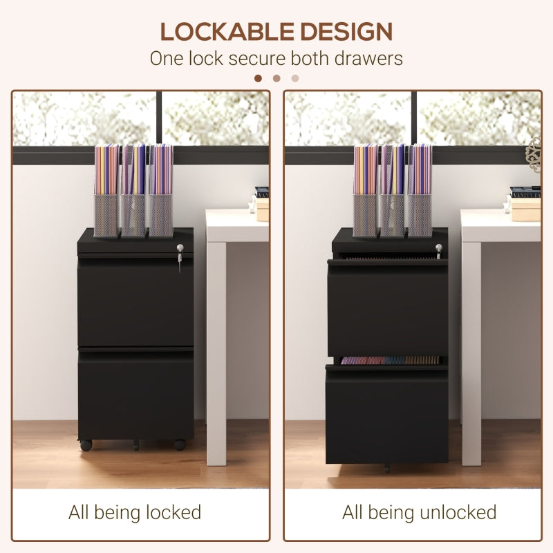 2-Drawer Mobile Filing Cabinet, Lockable for Letter/A4/Legal Size, Pre-Assembled Steel Black