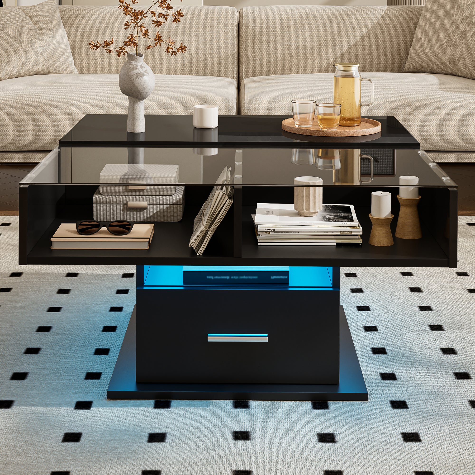Multifunctional Coffee Table with LED Lighting, Adjustable Height, High-Gloss