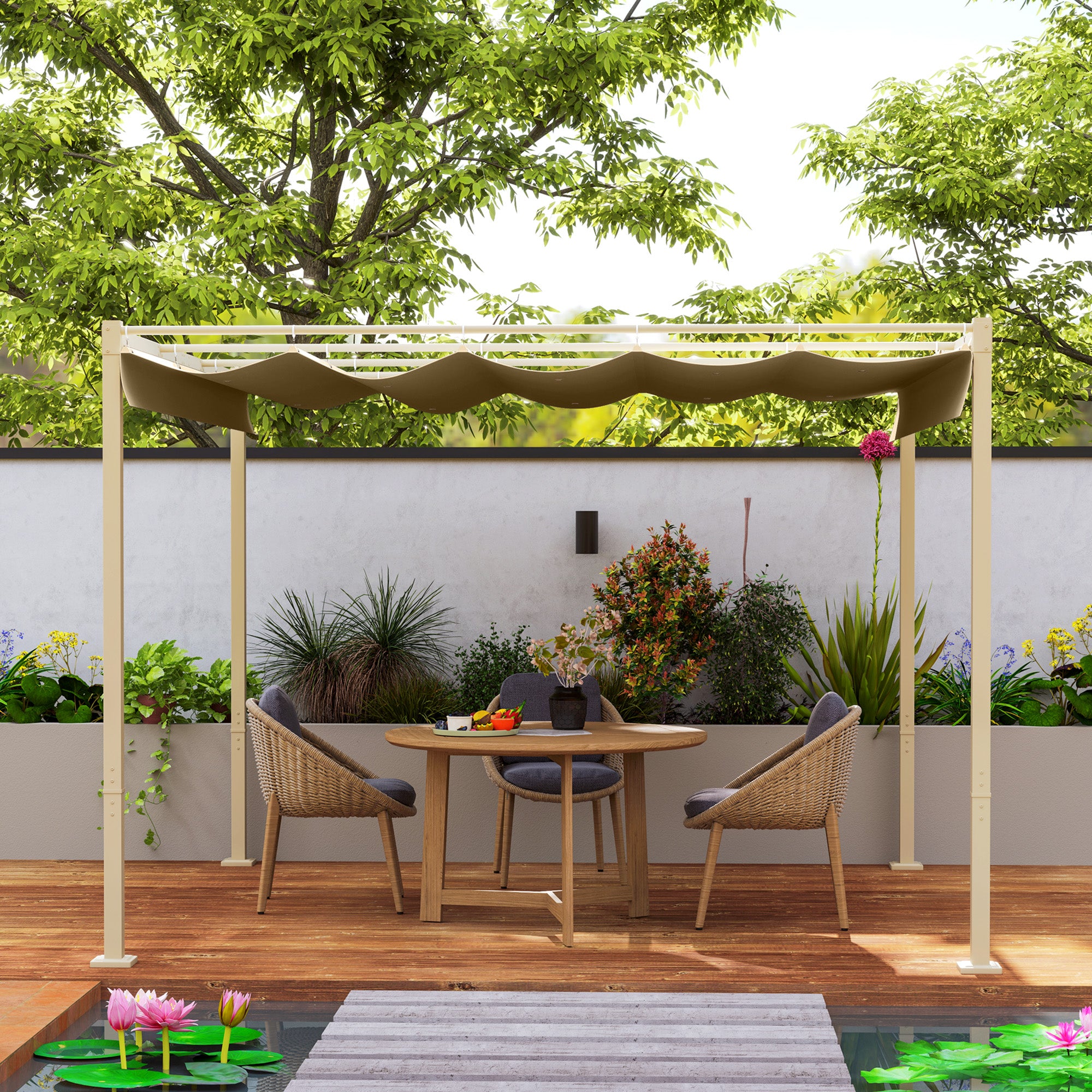 Pergola 3 x 3m Retractable Roof Metal - Khaki