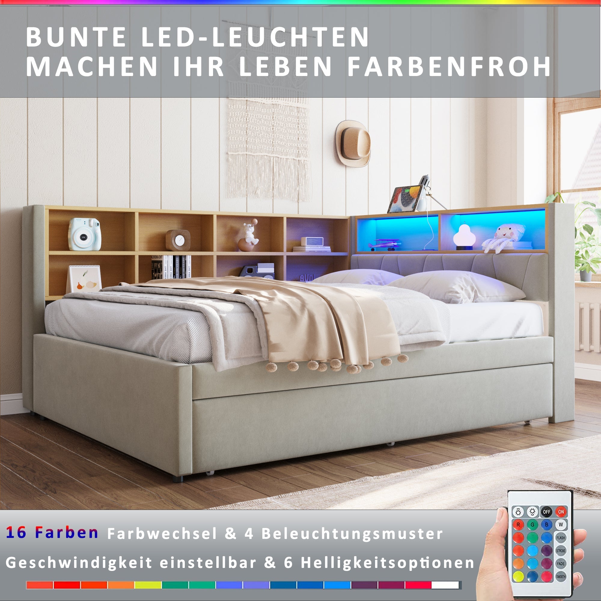 Sofa Bed 140x200, Pull-out Bed 90x190, LED Lights, Storage, Upholstered, Flannel, Light Gray