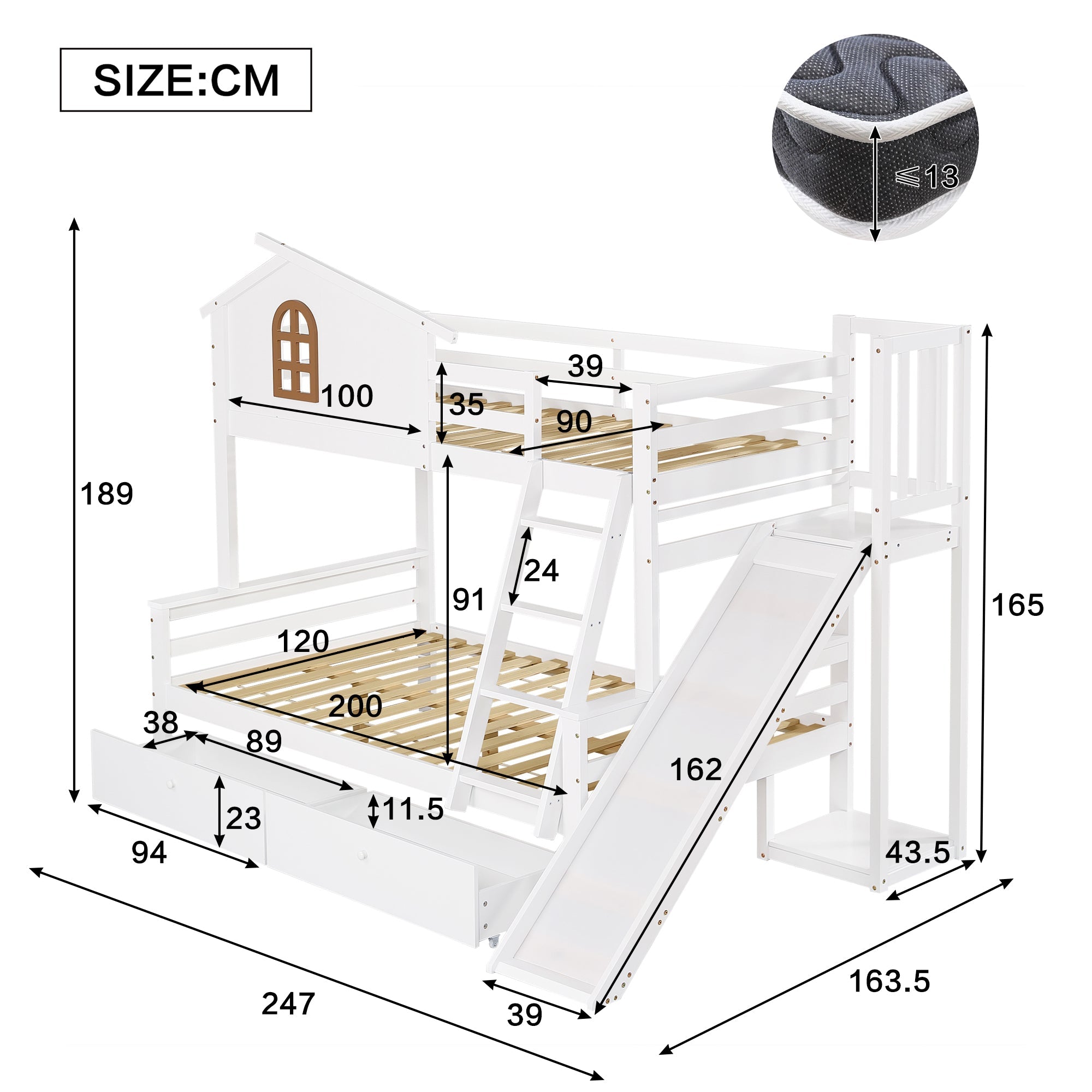 Bunk Bed with Windows, Slide, Two Drawers, Solid Wood Frame, White