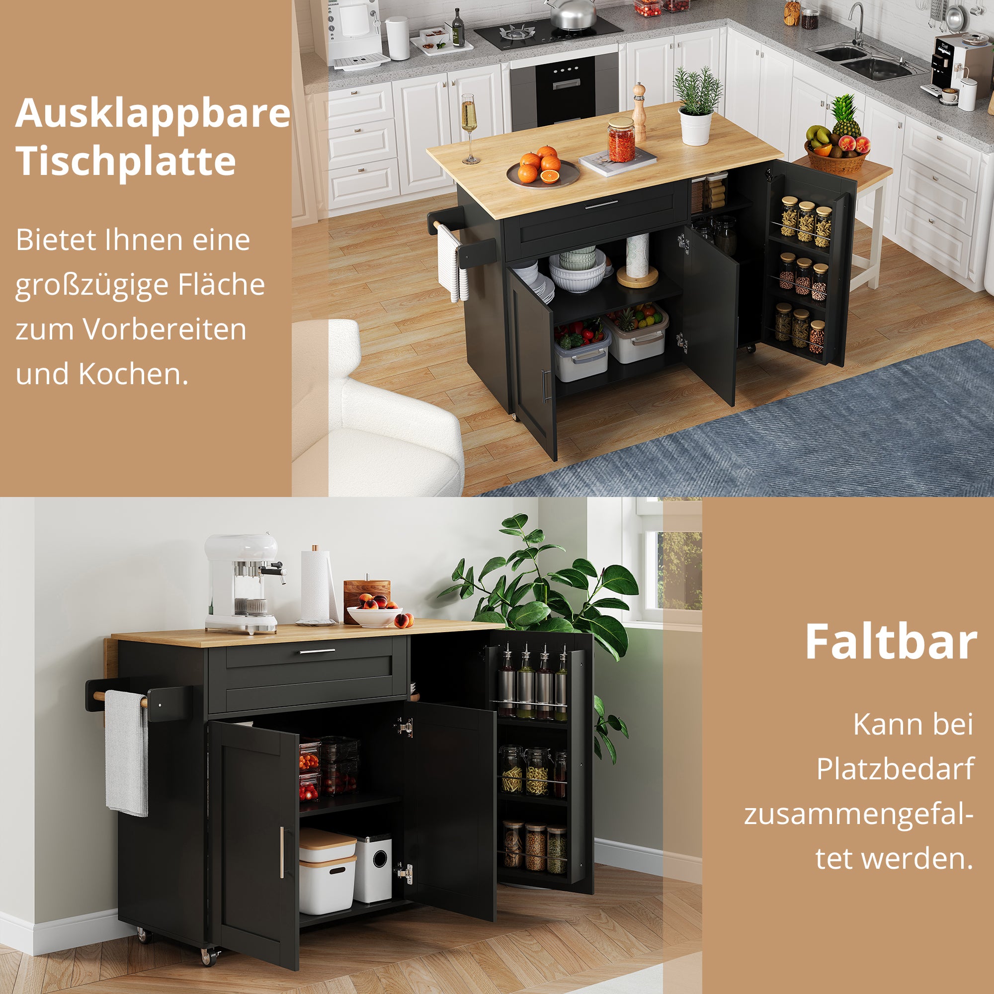 Mobile Kitchen Table Folding Worktop Cabinet Spice Rack 5 Casters - Oak Grain