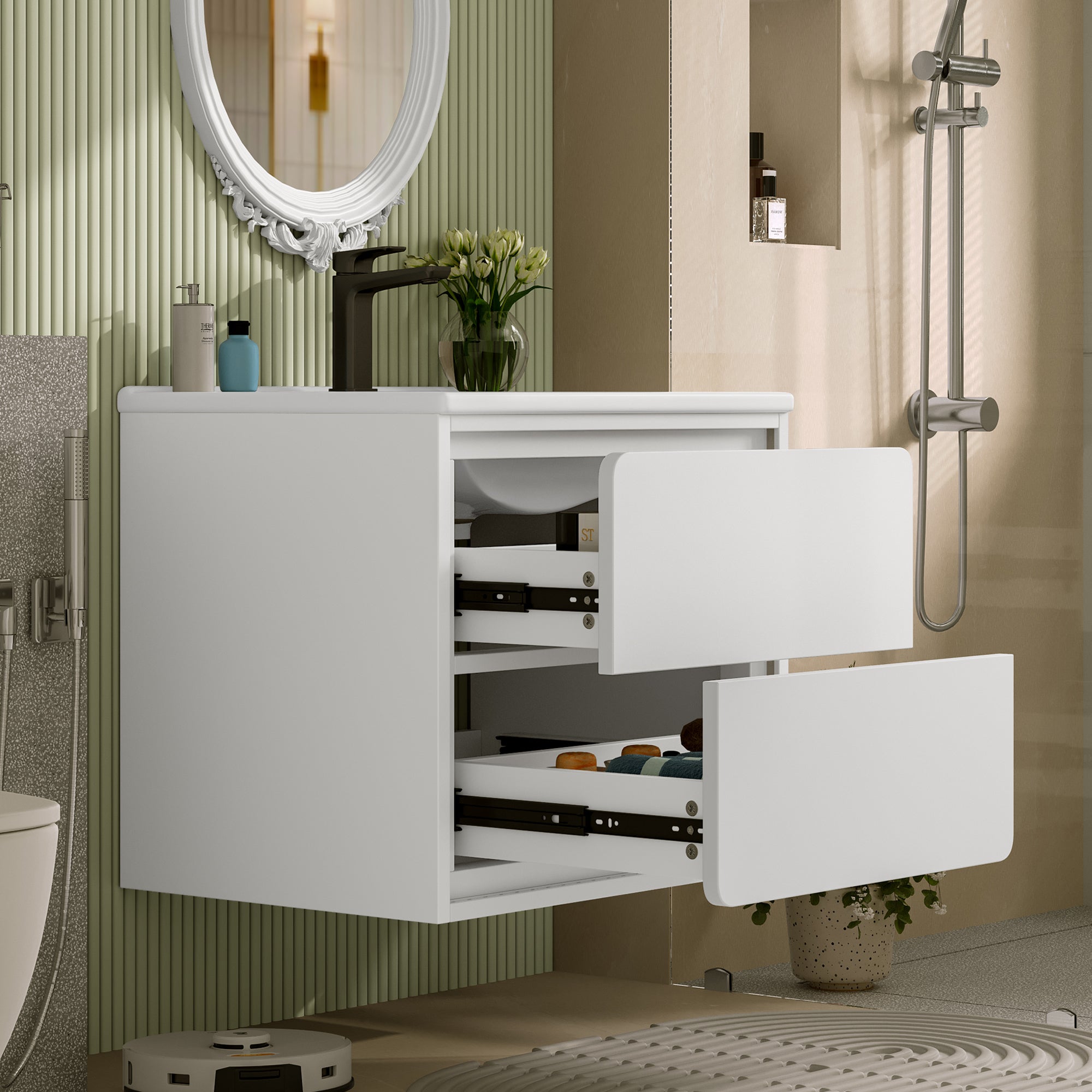 Wall-Mounted Bathroom Vanity Unit with Integrated Sink and LED Radar Sensor Lighting, White