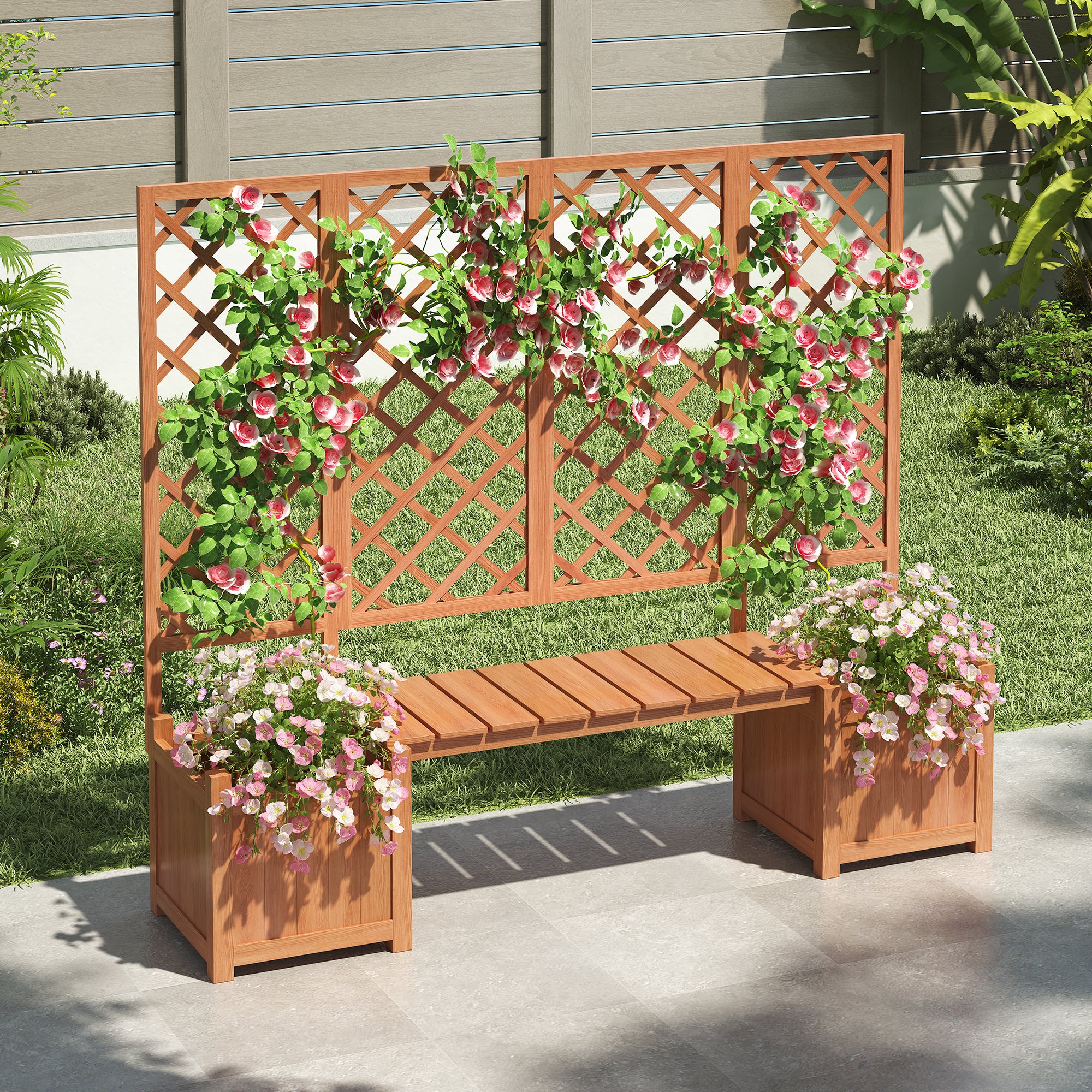 Planter Box with Trellis, Seat & Storage - Brown Solid Fir Wood