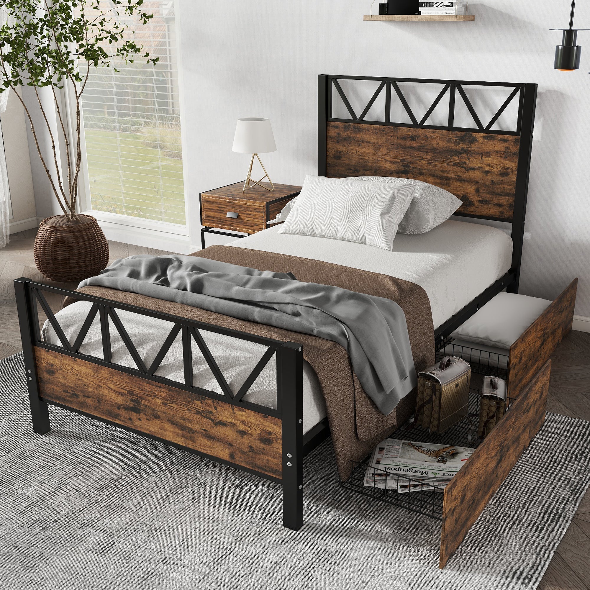 Metal Bed, 3FT Single with 2 Drawers, Black+Wood Color