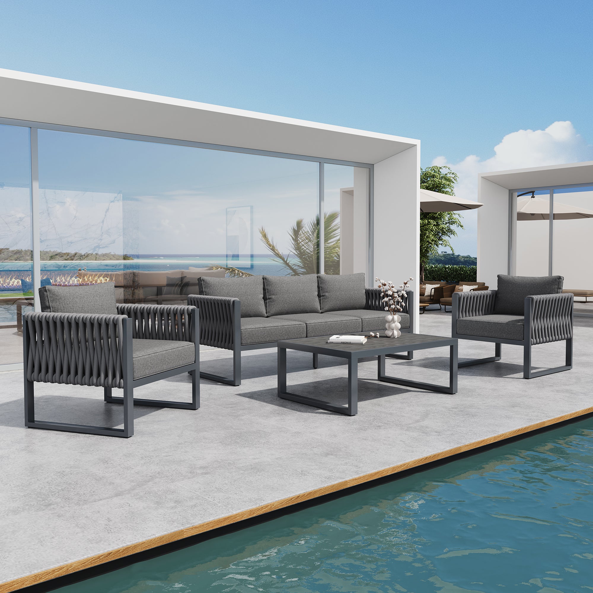 Outdoor Sofa Set 5-Seater Adjustable Feet Rustproof Metal Frame - Grey