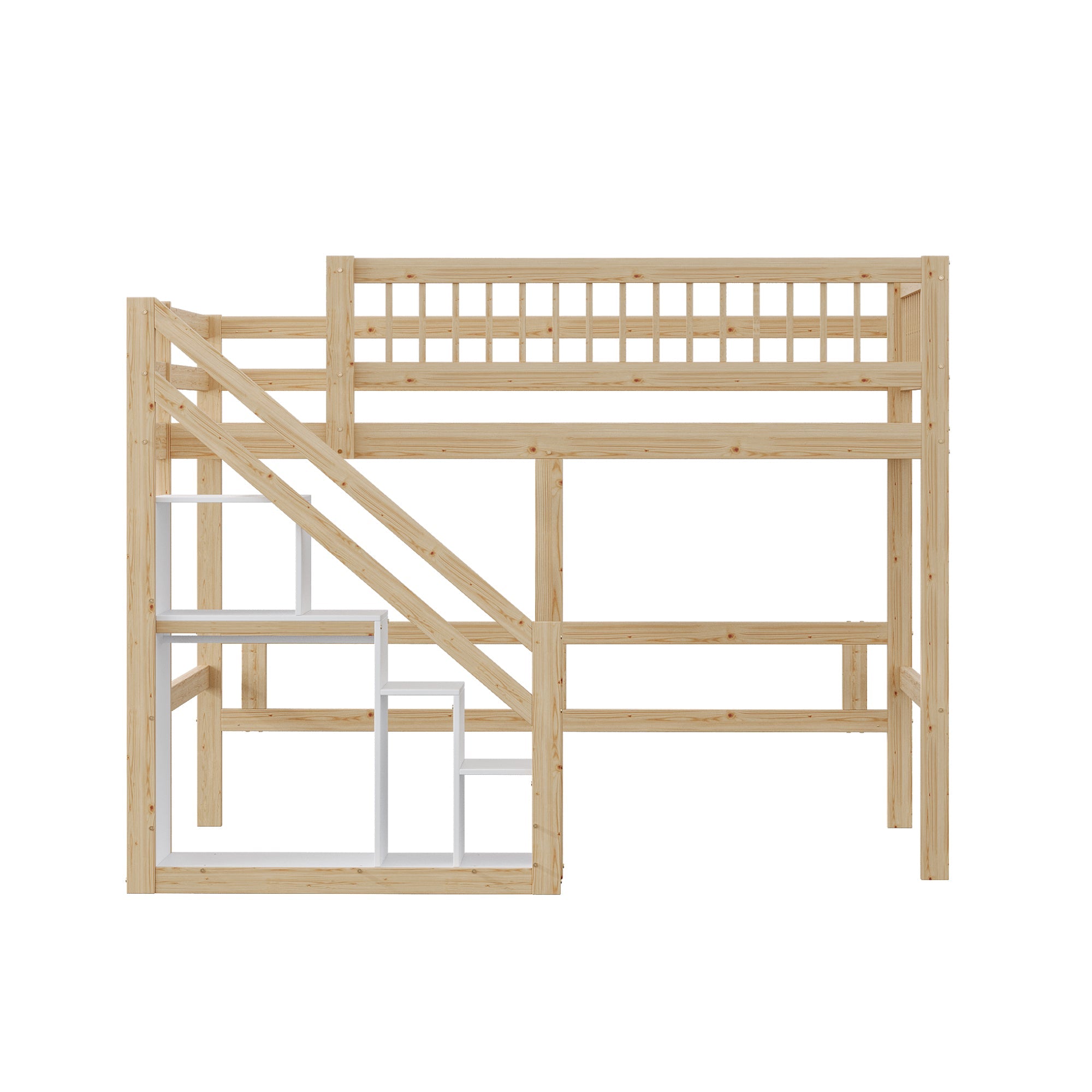 Solid wood bed 140*200, stairs with storage, high railing, wood colour