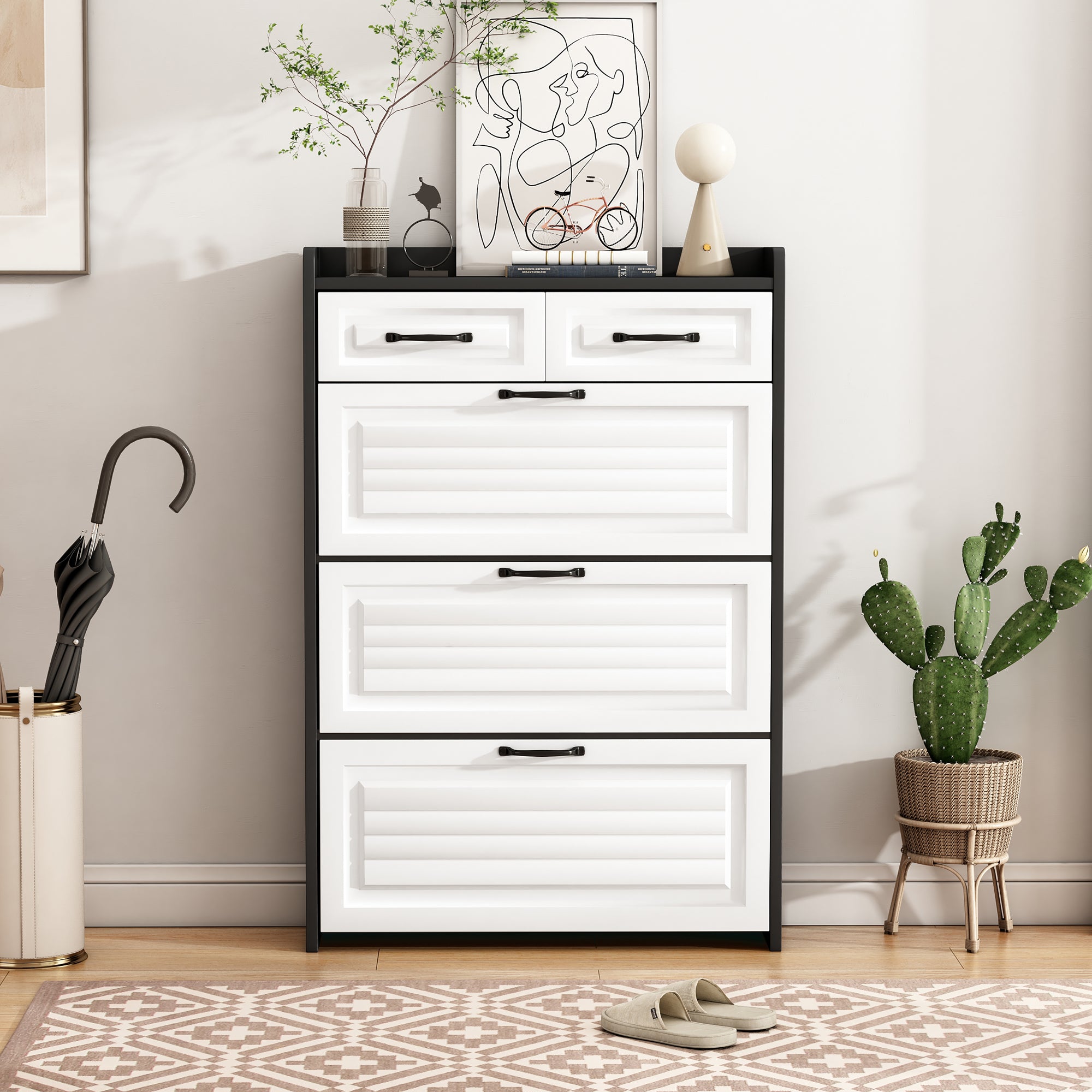 Shoe Cabinet with Rotating Rack, 3 Doors & 2 Drawers, Wooden