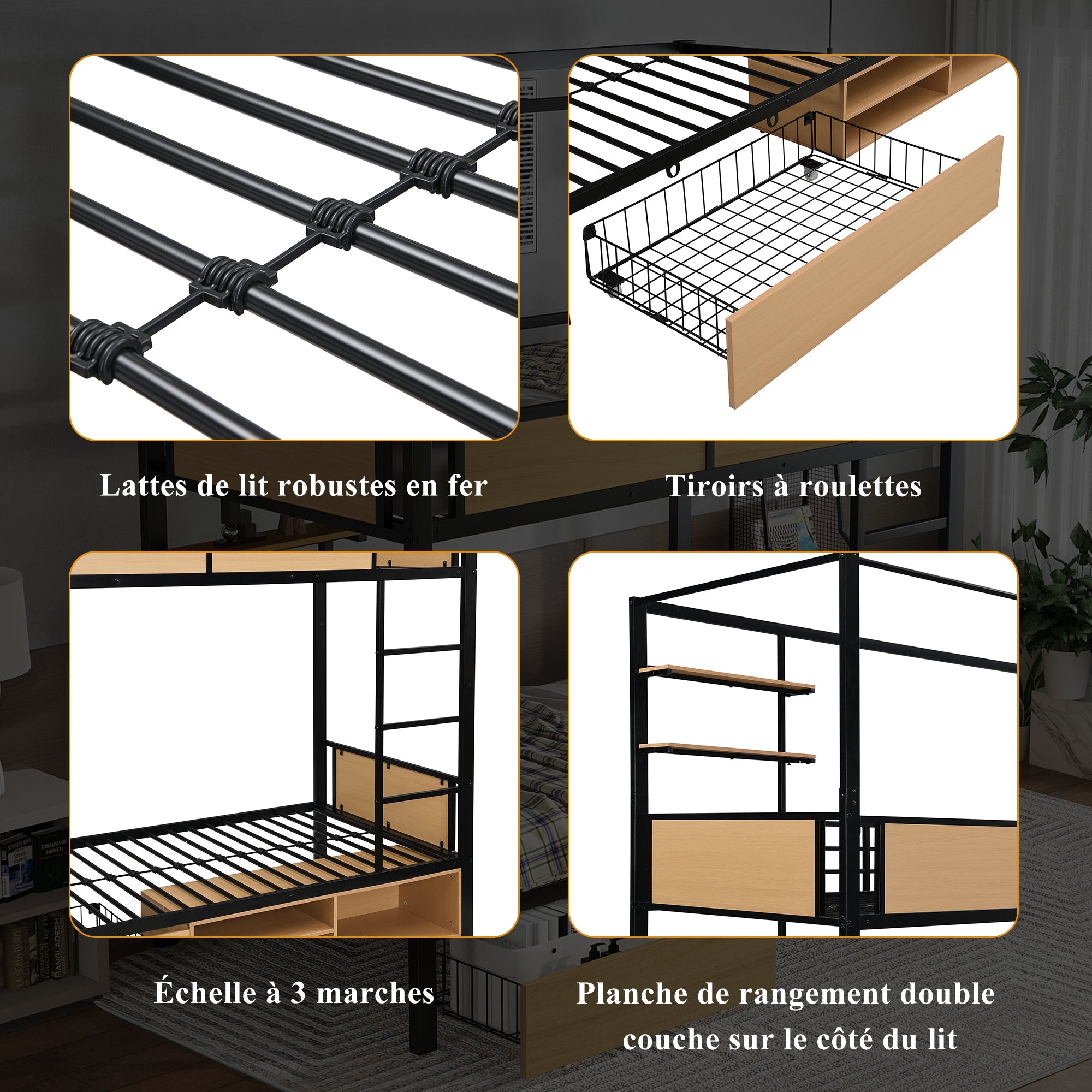 Bunk Bed, Iron & MDF, Double Shelf, Under Bed Storage, Black & Natural