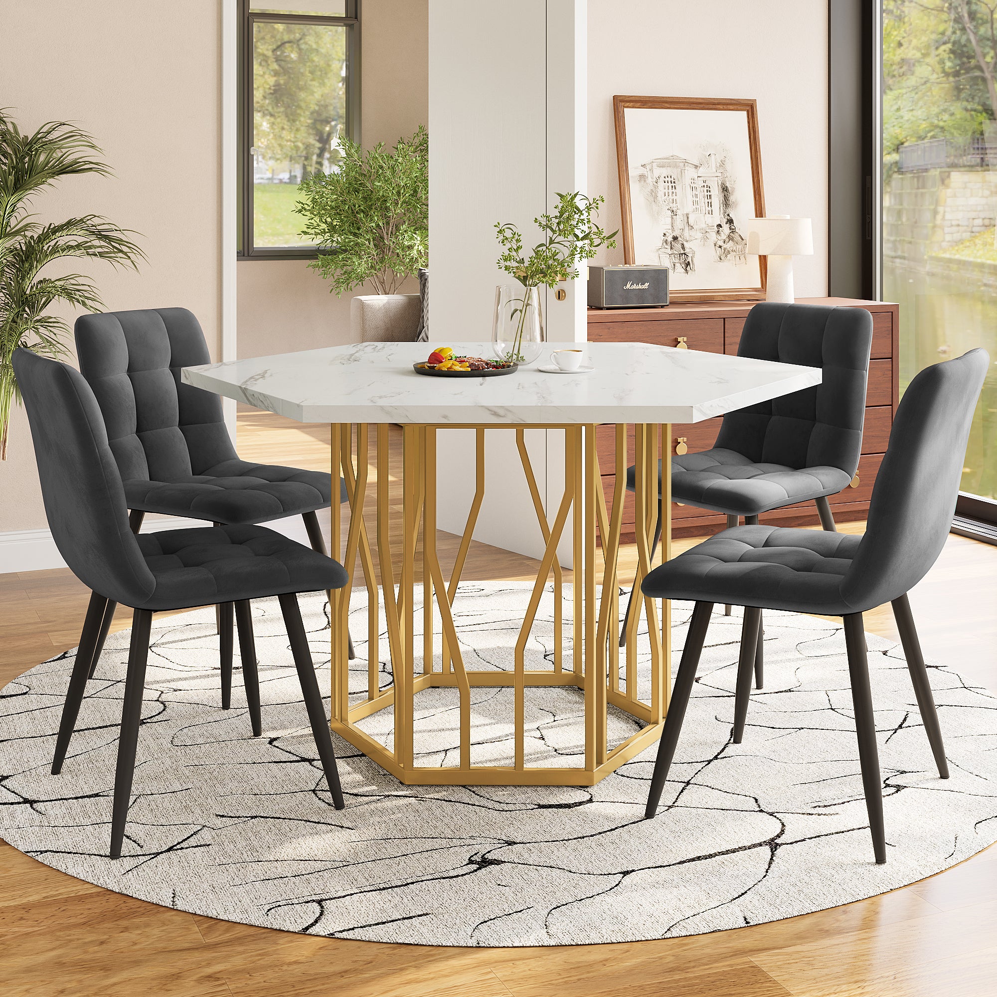Dining Set, 5-Piece Hexagonal Marble Table & 4 Velvet Chairs, Gray & Gold