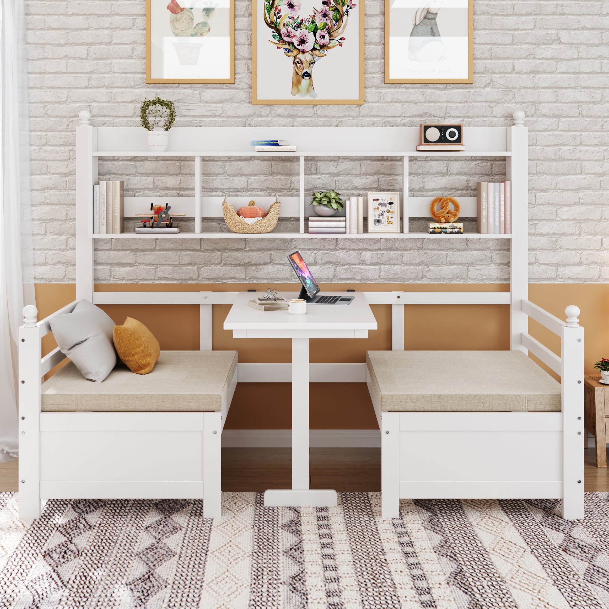 Sofa Bed, Multifunctional 2-in-1 Bed & Desk with Bookshelf & Pillows, Solid Wood White