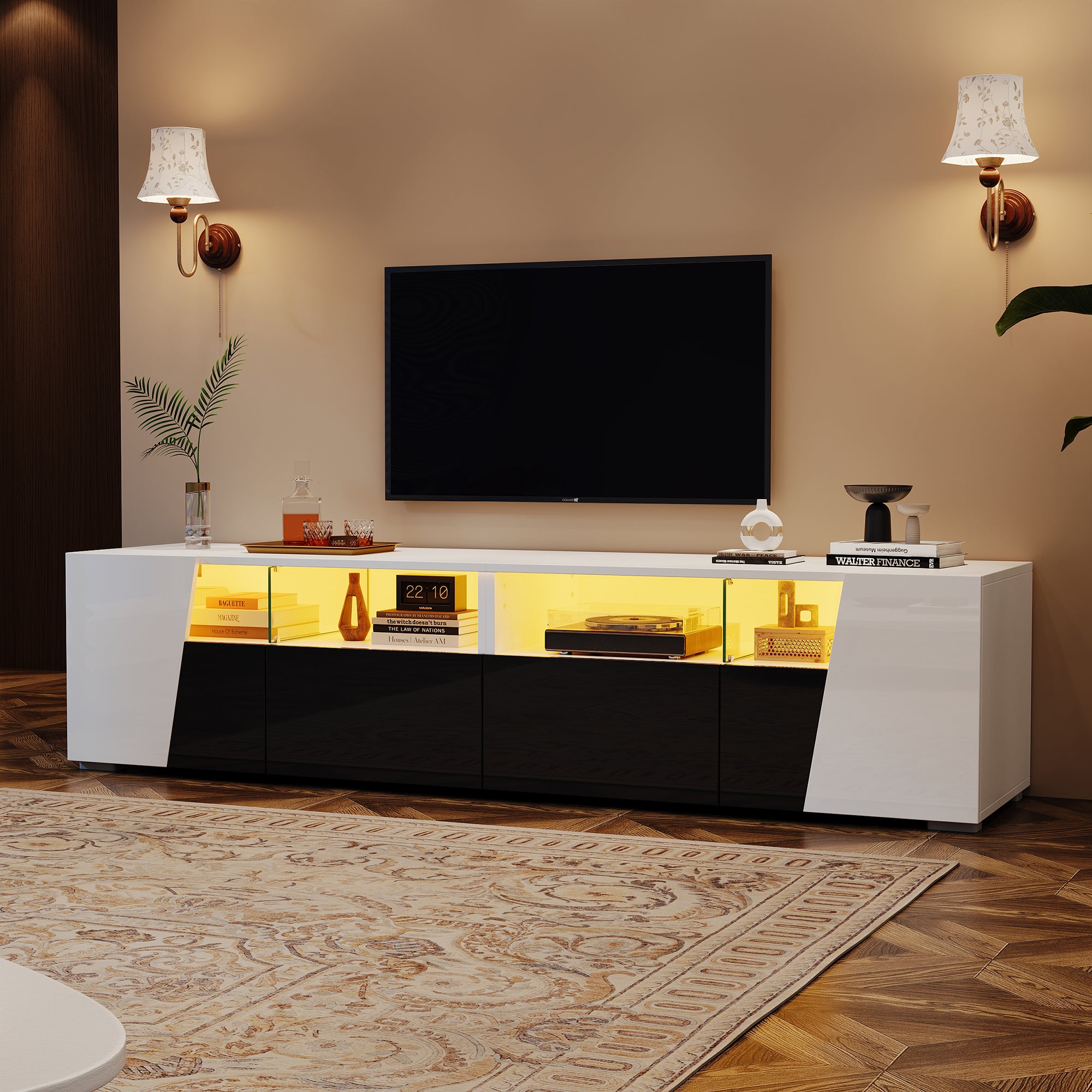 TV Stand High-gloss LED Lighting 2 Drawers 2 Cabinets 80-inch, White + Black