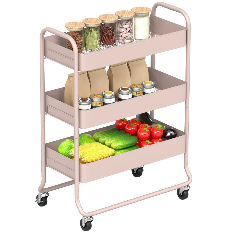 3-Tier Storage Trolley on Wheels Utility Cart Mesh Baskets Light Pink