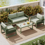 Garden Lounge Chair Set 4-Piece Rope/Iron Frame Glass Top - Green