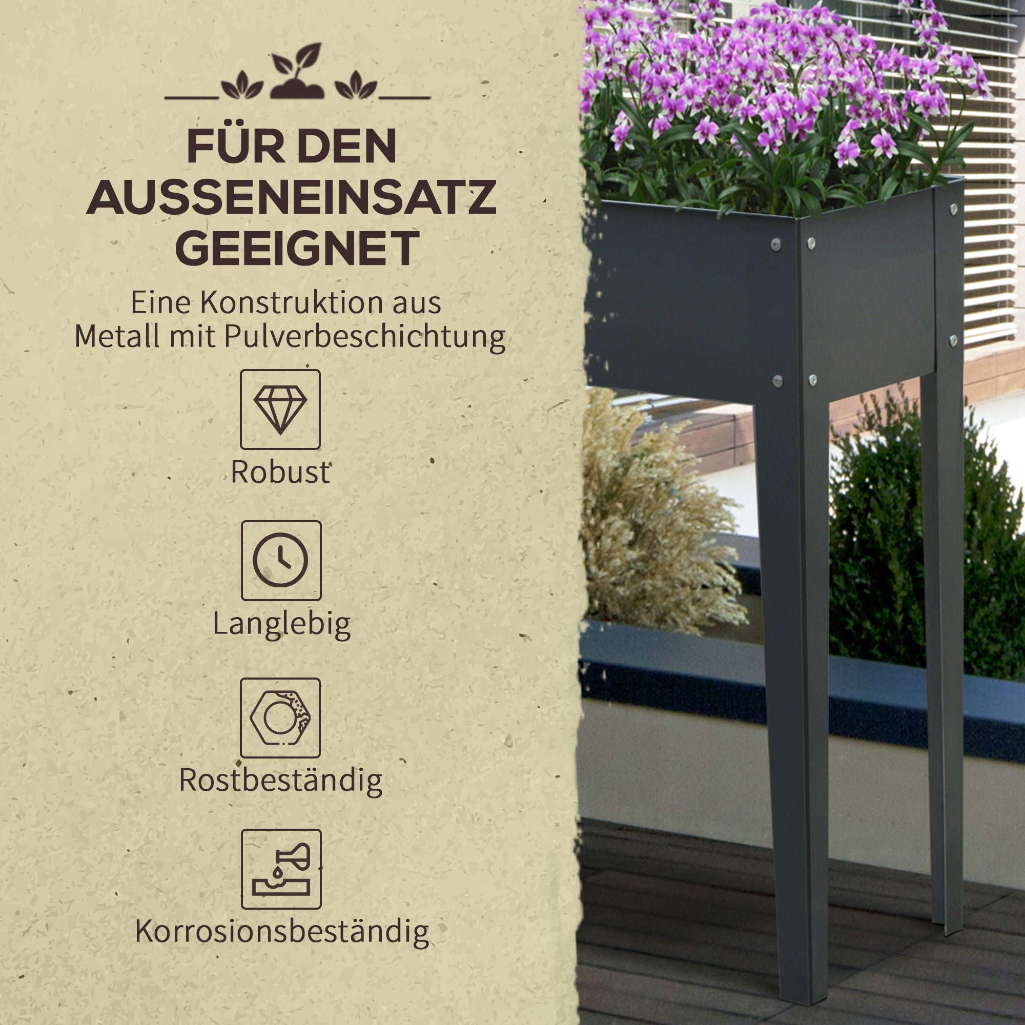 Raised Bed Planter, Herb, Drainage, 100x30x80cm, Metal