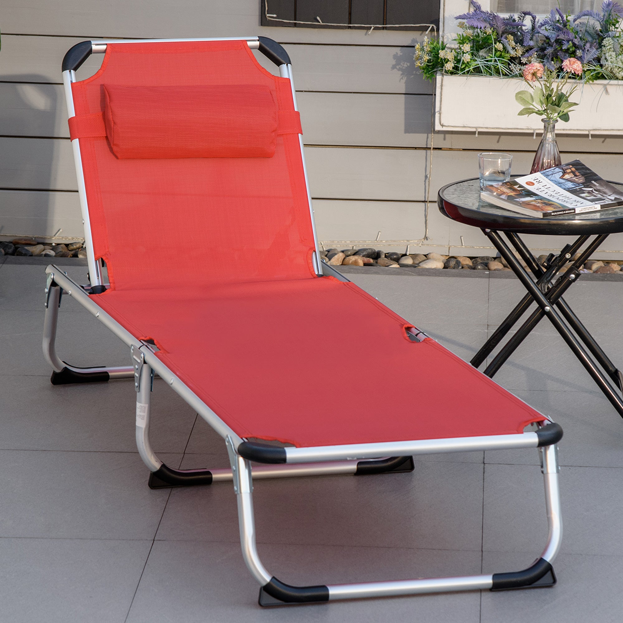 Sun Lounger, 5-Position Adjustable Foldable Ergonomic, Red Mesh Fabric