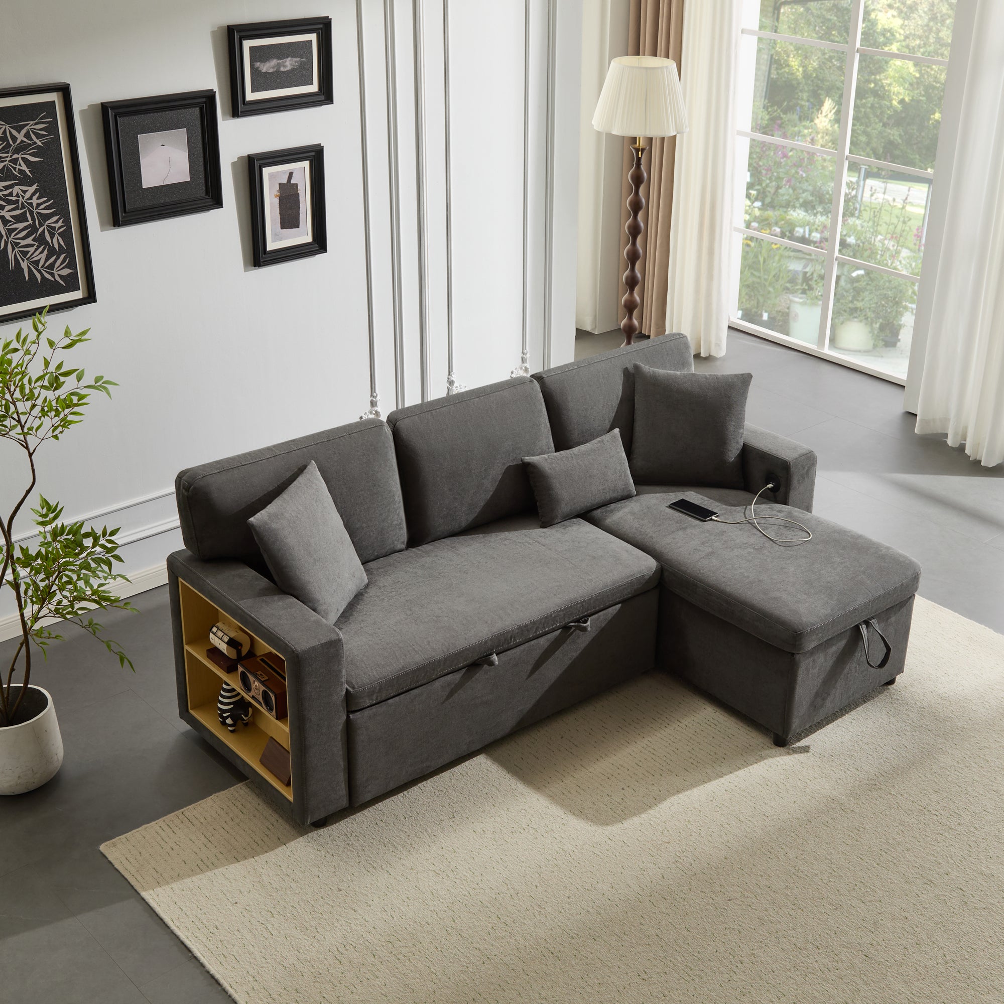 Corner Sofa Bed, L-Shaped Extendable with Storage & Shelf, Dark Grey
