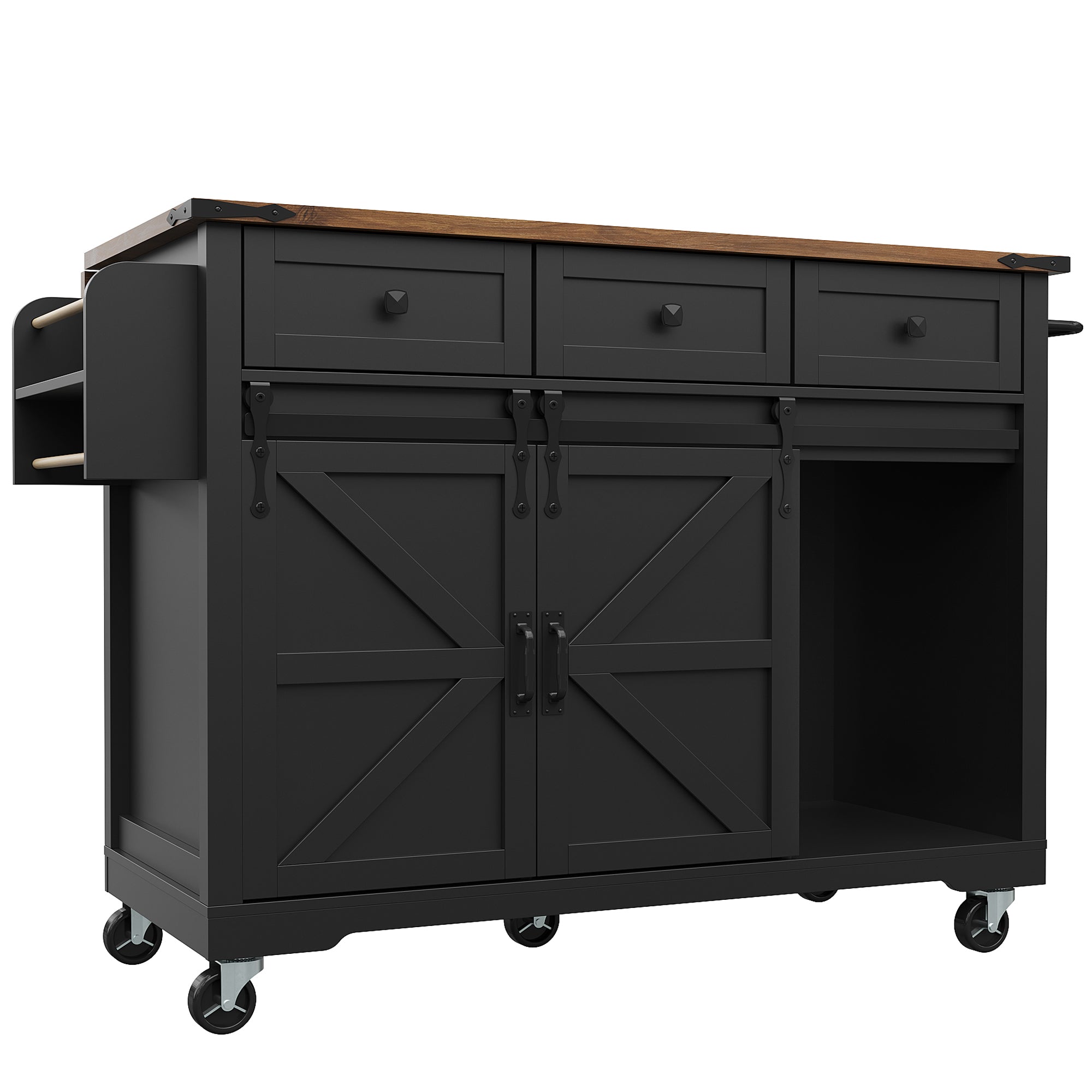 Mobile Kitchen Island Extendable Countertop 2 Sliding Doors 3 Drawers Wood Grain - Black