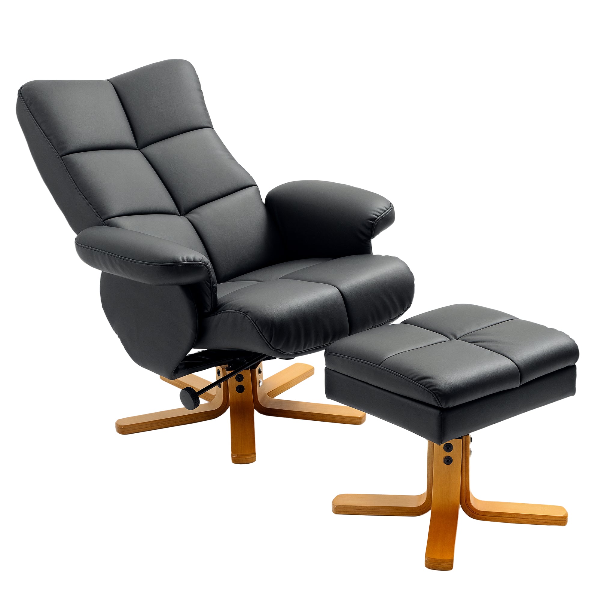 Recliner Armchair, Swivel Reclining Chair with Storage Ottoman, Black Faux Leather