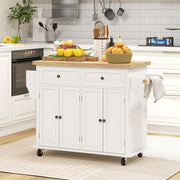 Rolling Kitchen Island Storage Trolley, Rubber Wood Top & Drawers, Cream White