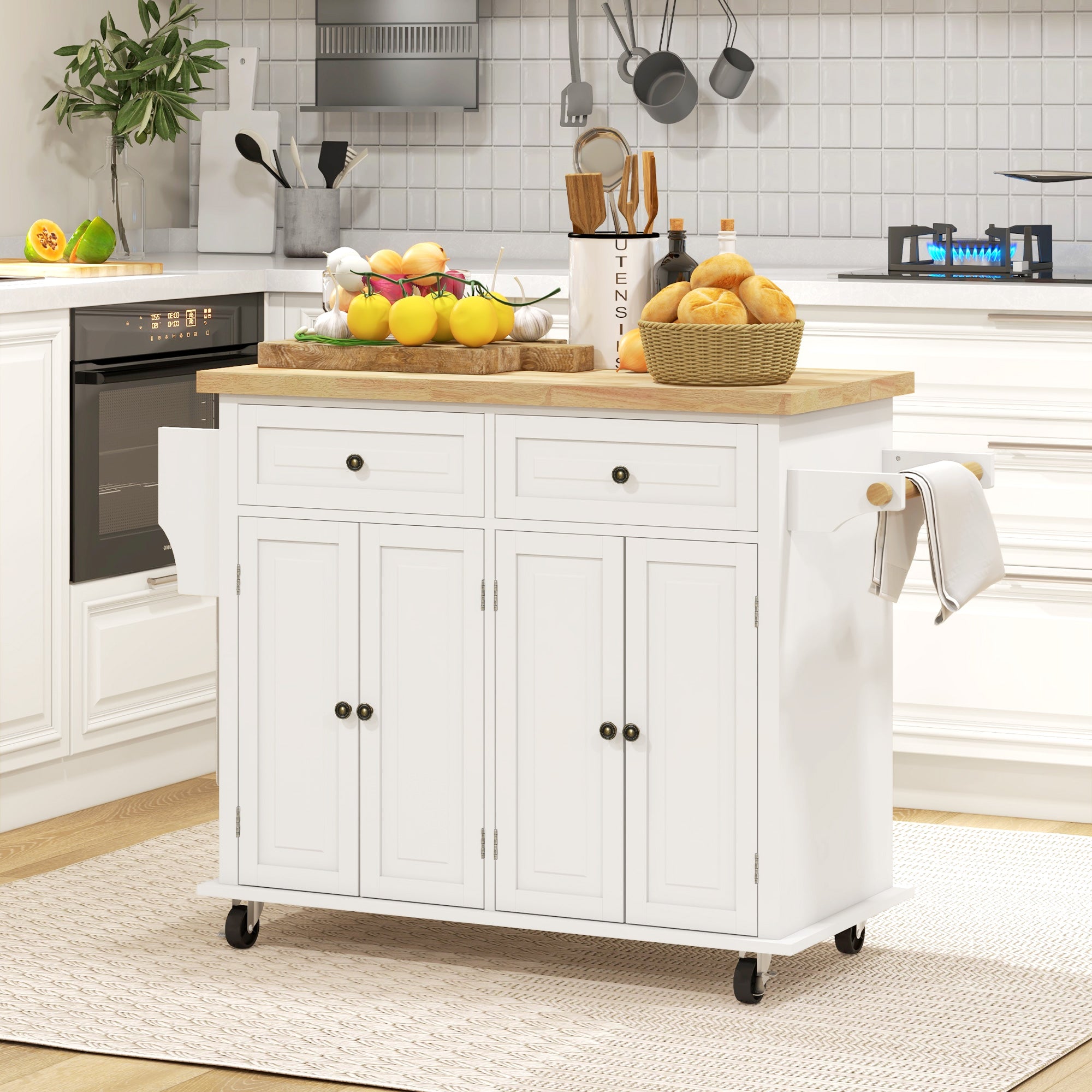 Rolling Kitchen Island Storage Trolley, Rubber Wood Top & Drawers, Cream White