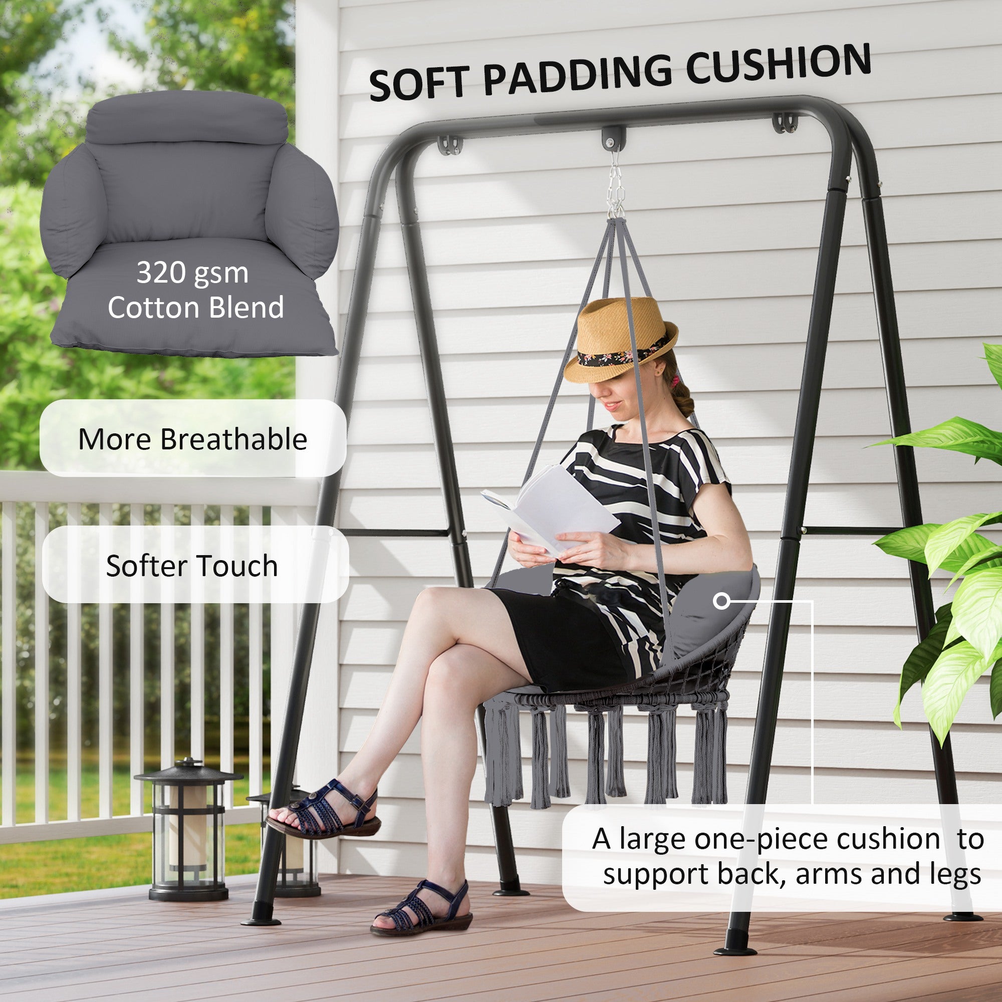 Hanging Chair Outdoor Hammock Swing Seat Soft Cushion Cotton Rope Dark Grey