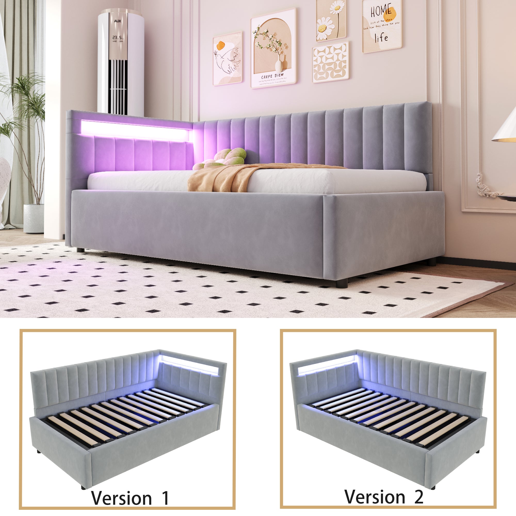 Upholstered Sofa Bed 90x200 with LED Lighting & Hydraulic Storage, Light Grey Velvet