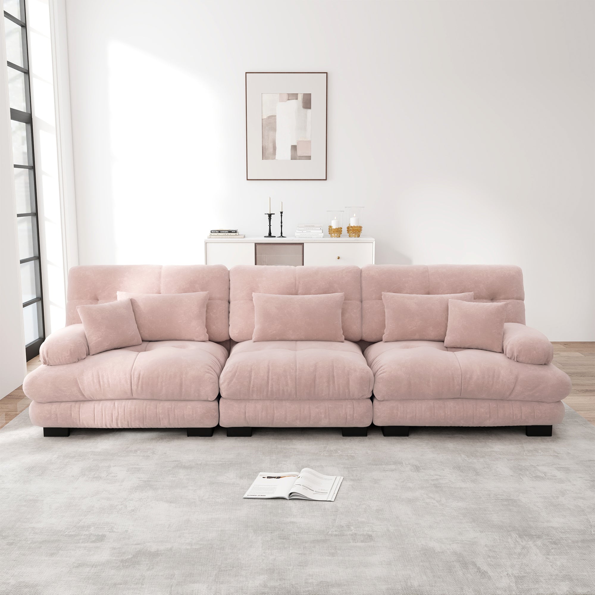 3-Seater Modular Corner Sofa with Deep Seat, Chenille Sleeper Sofa, Comfortably Upholstered for Living Room, Apartment, Studio, Office, Pink Chenille