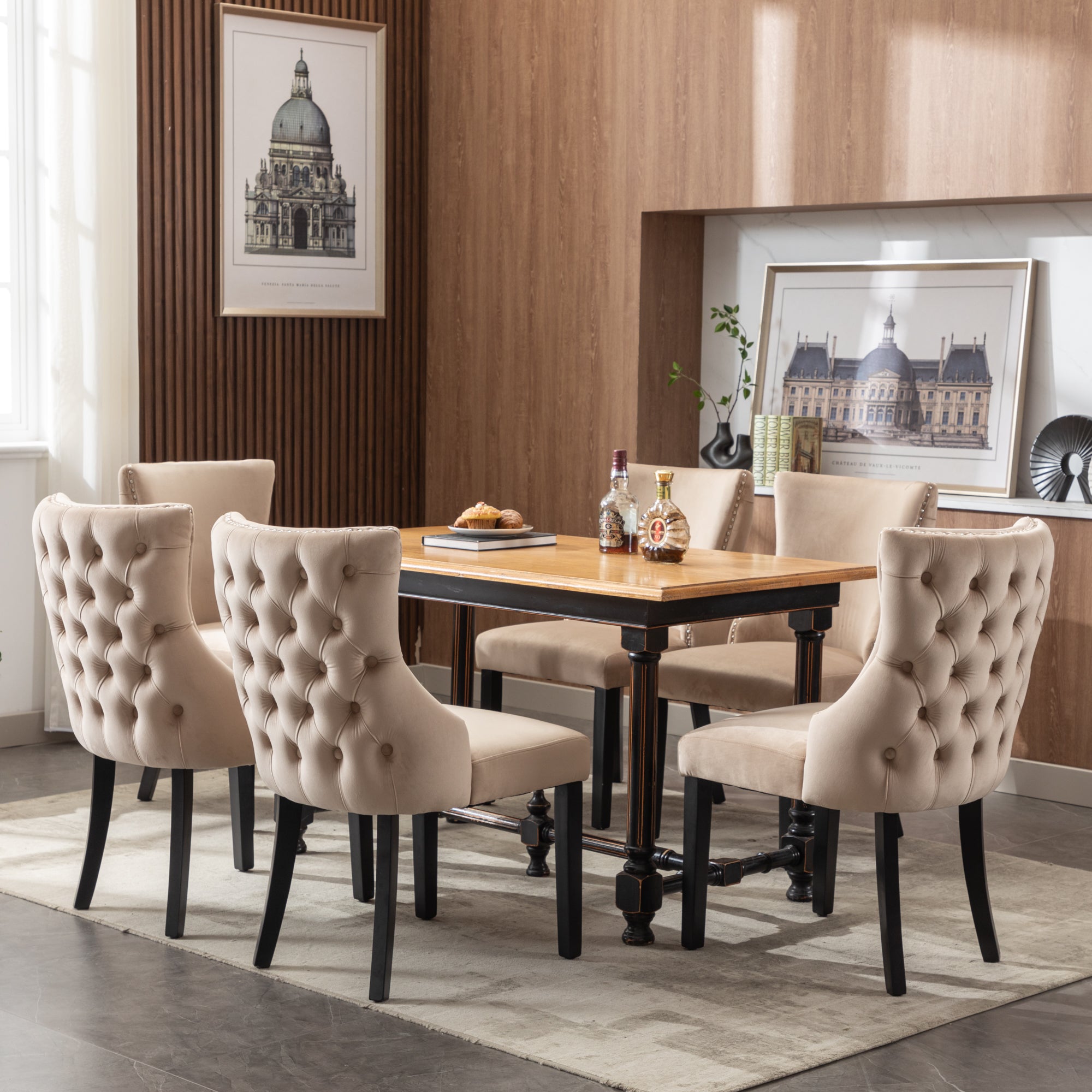 Chair (Set of 6), Dining with Button Stitching, Solid Wood Frame, Beige Velvet