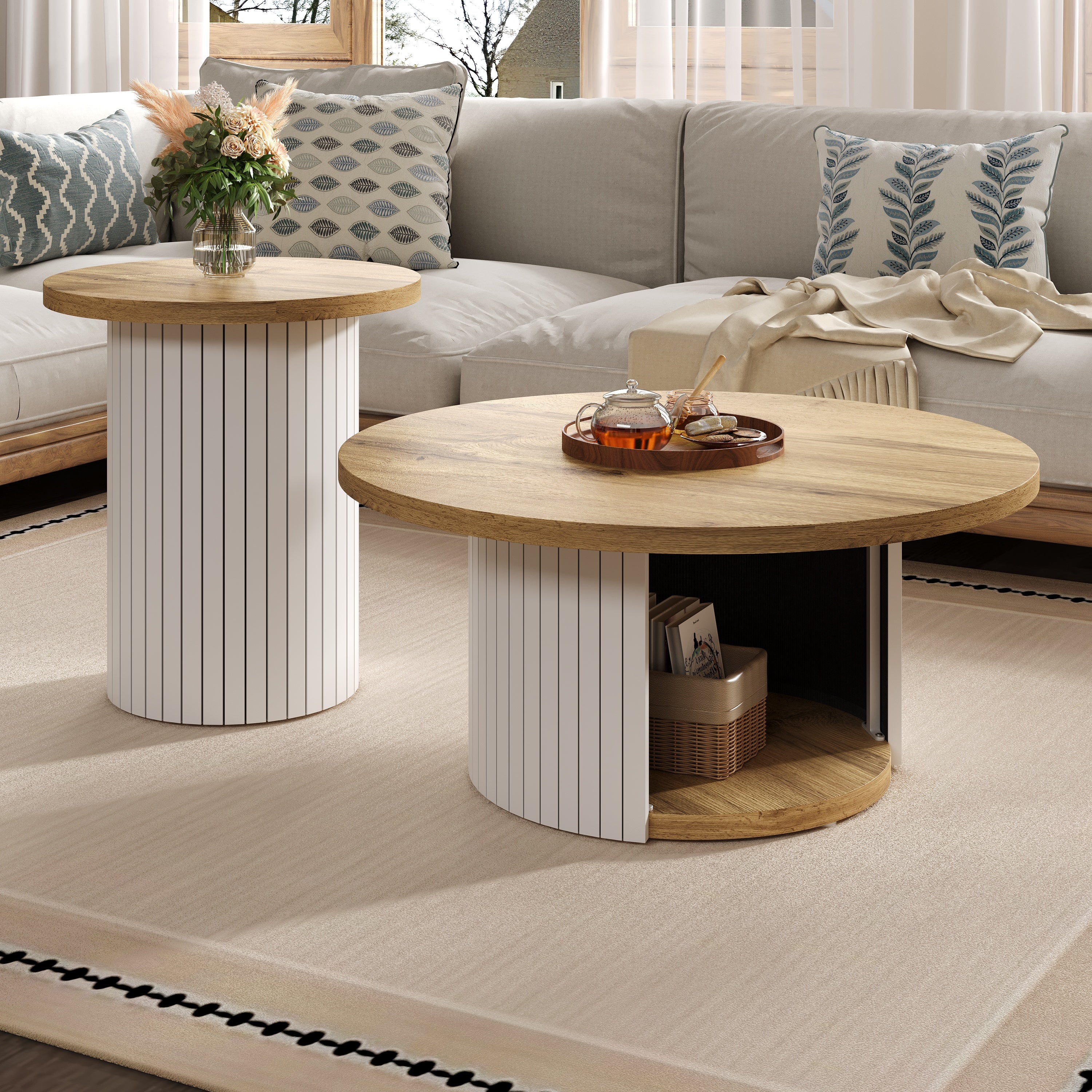 Coffee Table Double Round Multifunctional Natural Wood Slats