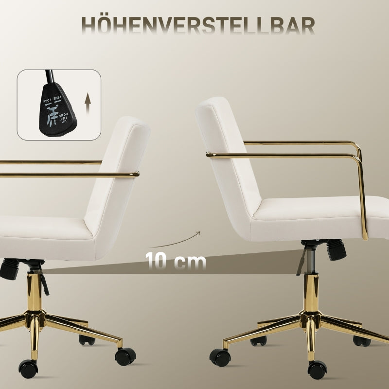 Rolling Office Chair Gold Accents Velvet Look Metal Base - Cream White