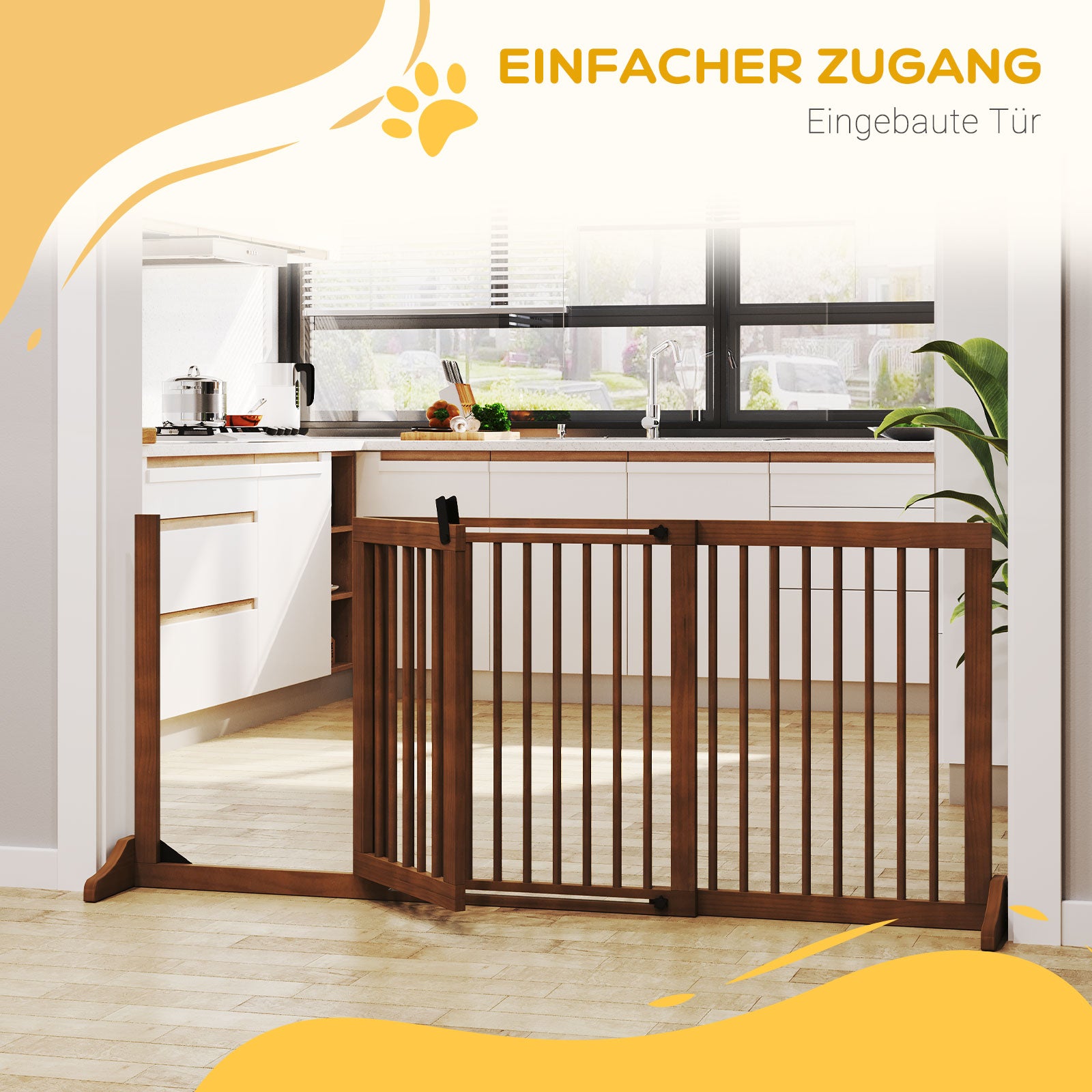 Freestanding Dog Gate with Door, Safety, Wooden, Brown