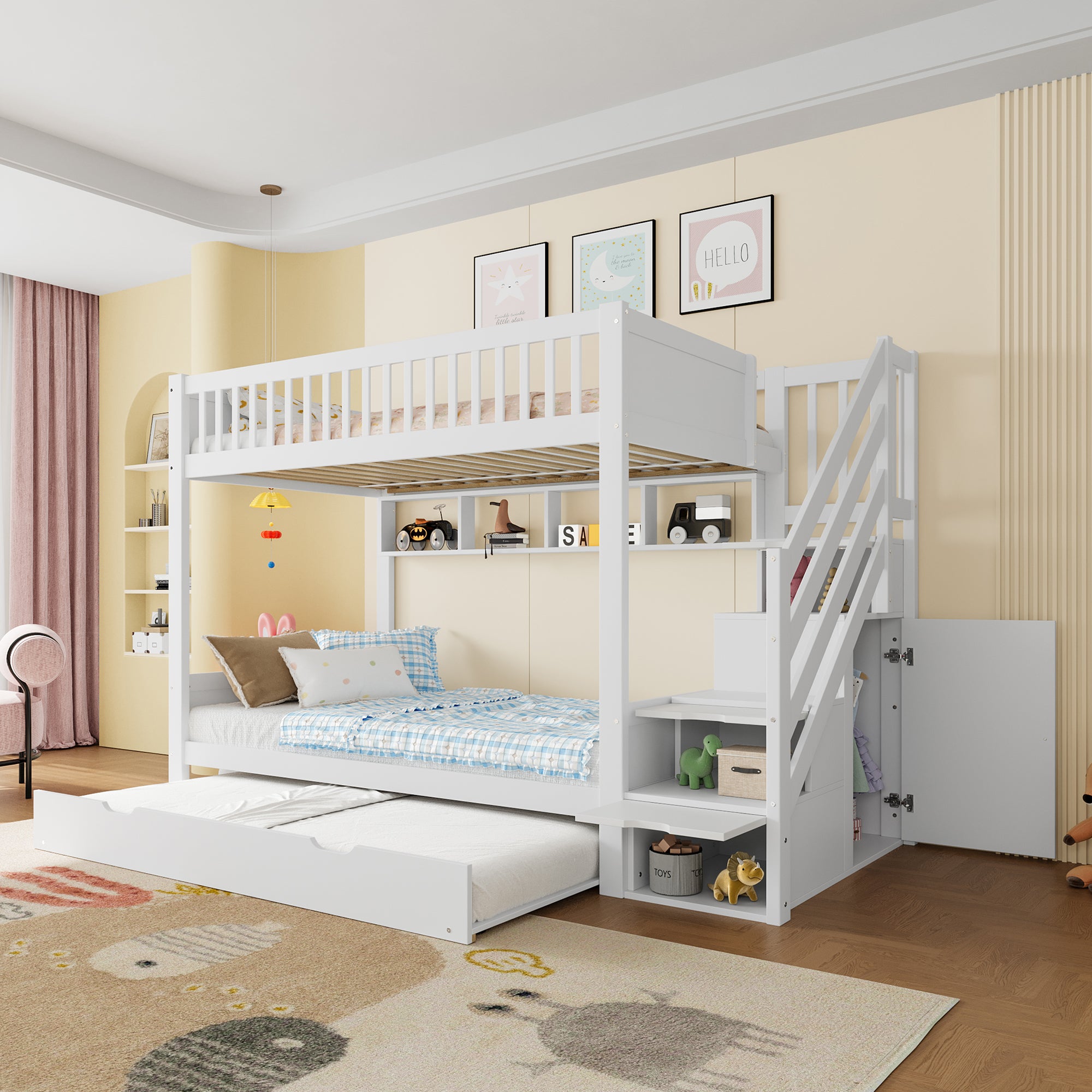 Bunk Bed with Pull-Out Bed, Wardrobe, Storage, 90x200cm, White
