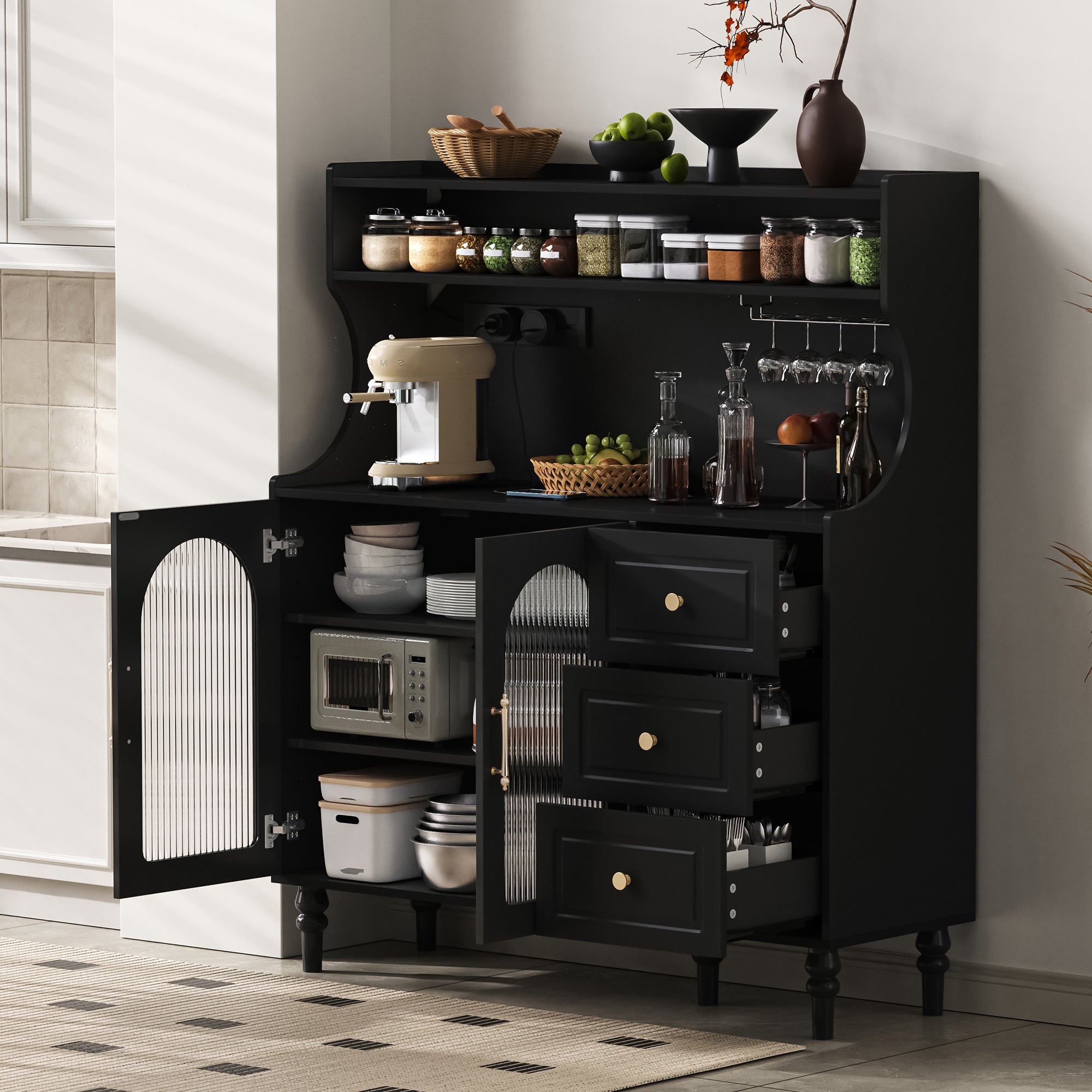 Tall Cabinet Bar Storage with Sockets, Wine Rack & Adjustable Shelves - Black