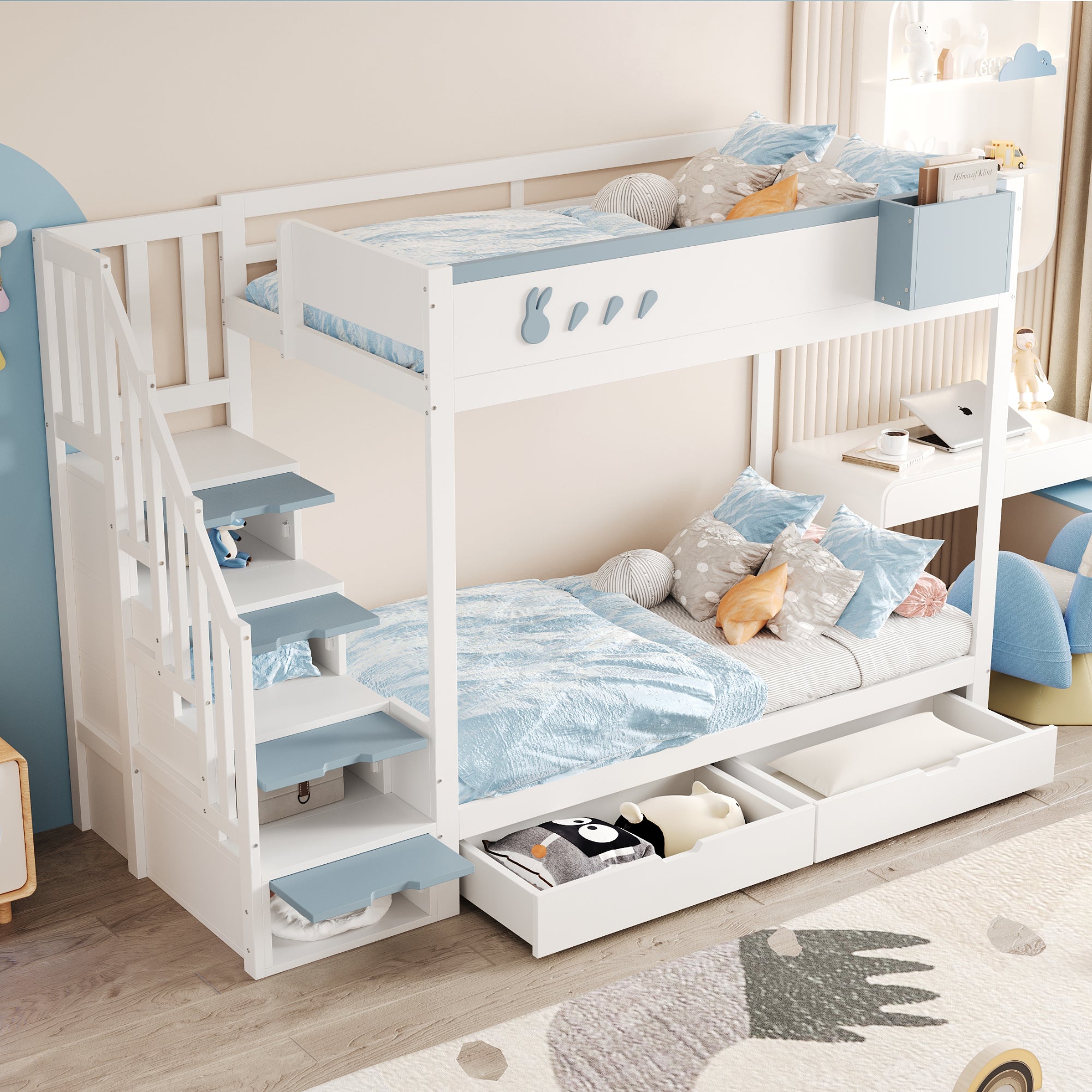 Bunk Bed for Children 90x200cm Double Bed Ladder Storage Drawers Rabbit/Carrot Motifs White + Blue