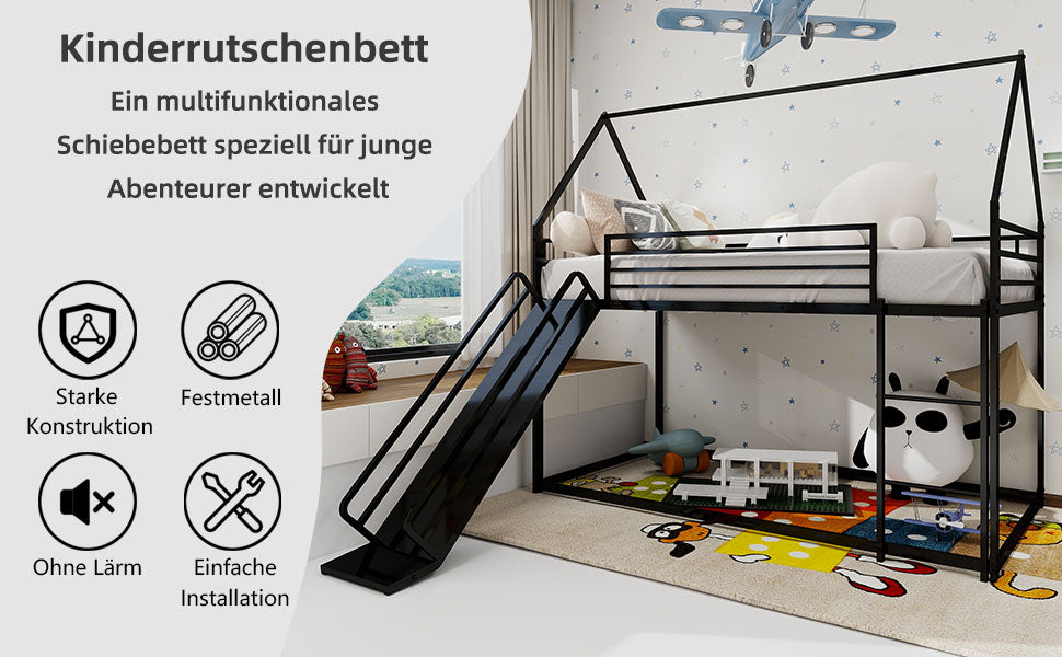 Twin over Twin Bunk Bed with Slide, House Shaped, Metal