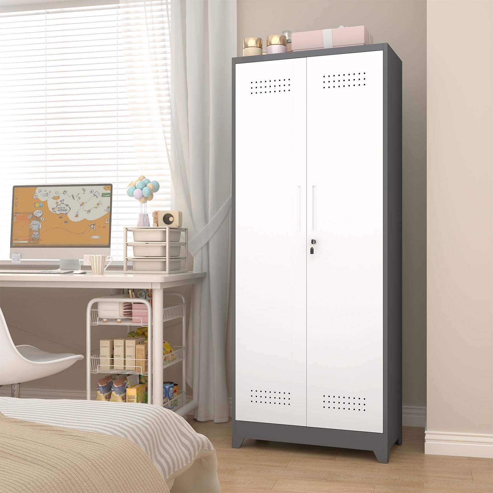 Broom Storage Cabinet with Locking Doors, Hanging Rod and S-Hooks, 65 Inch Metal, Gray