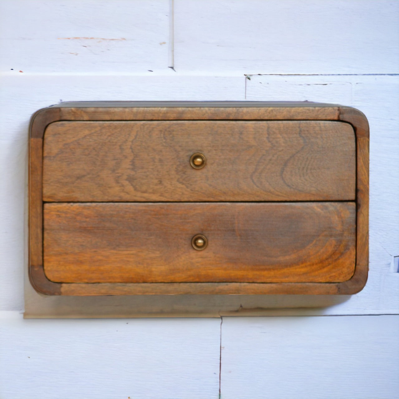 Solid Wood Bedside, Floating Curved 2 Drawers, Dark Brown