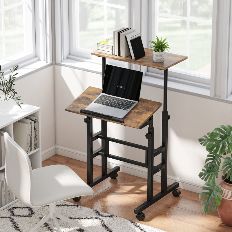Height-Adjustable Desk/Kitchen Table with Shelf & Casters, Rustic Brown